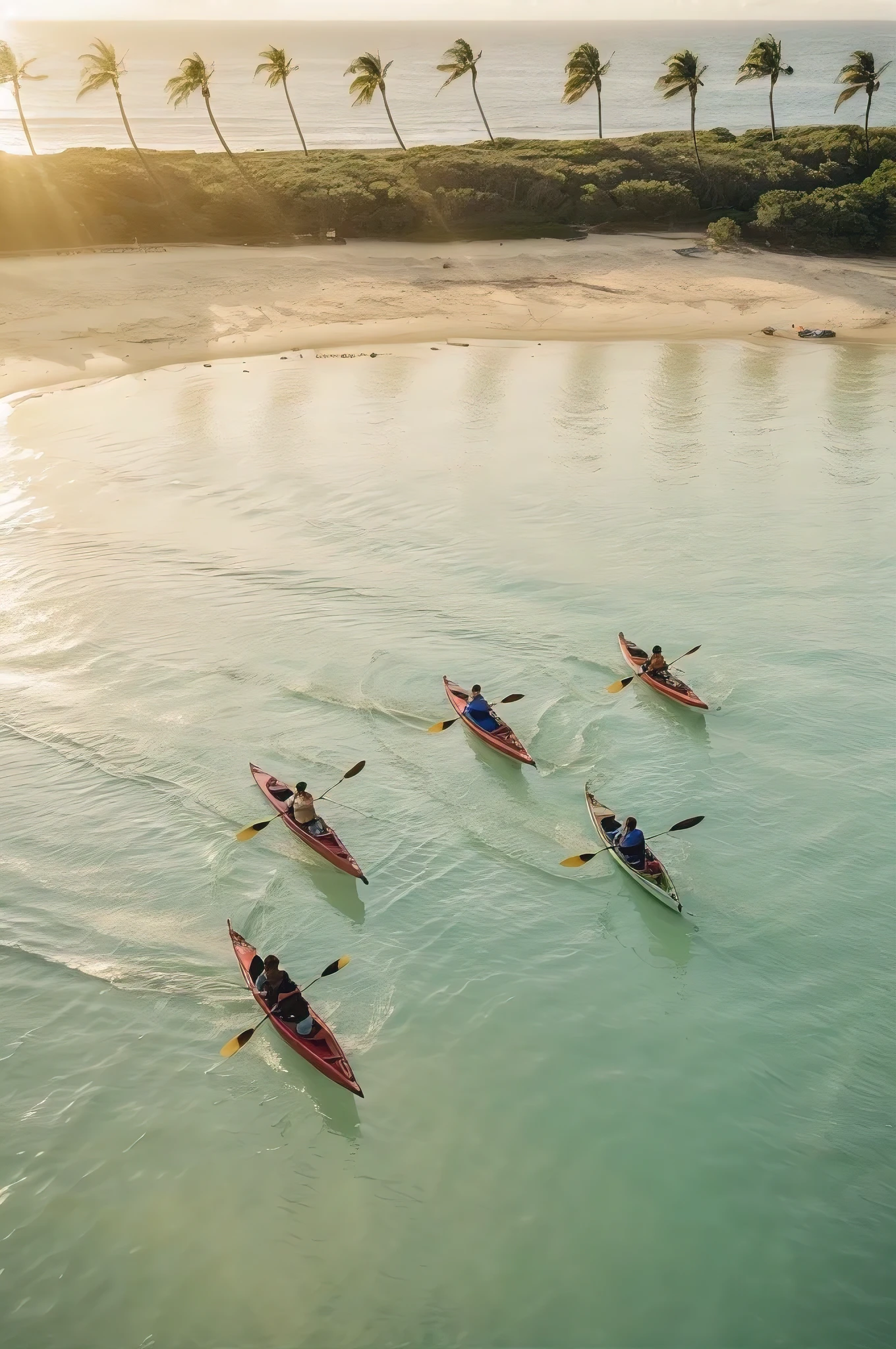 An aerial view of a serene cove with an empty beach, showcasing a pale aqua blue sea. Five kayakers glide gracefully across the water, leaving gentle ripples behind. The sun casts a warm golden glow on the scene, reflecting off the water's surface. The distant shoreline features a lush green landscape, with palm trees swaying in the breeze. A sense of tranquility and relaxation emanates from the image.