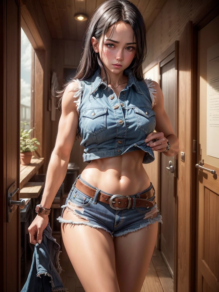((One Woman, 30 years old)),(( alone:1.5)),Black Hair,((watch:1.2)),((Sleeveless denim shirt 1.2)),(Denim hot pants:1.2)),((belt:1.2),((Exposing legs:1.2)),((Navel exposed:1.2)),((Blushed face:1.2)), Perfect light, 8k, masterpiece:1.2, Very detailed, Realistic:1.37, Full HD, Background of Japanese-style room at night,Cowboy photographed from the front,Are standing