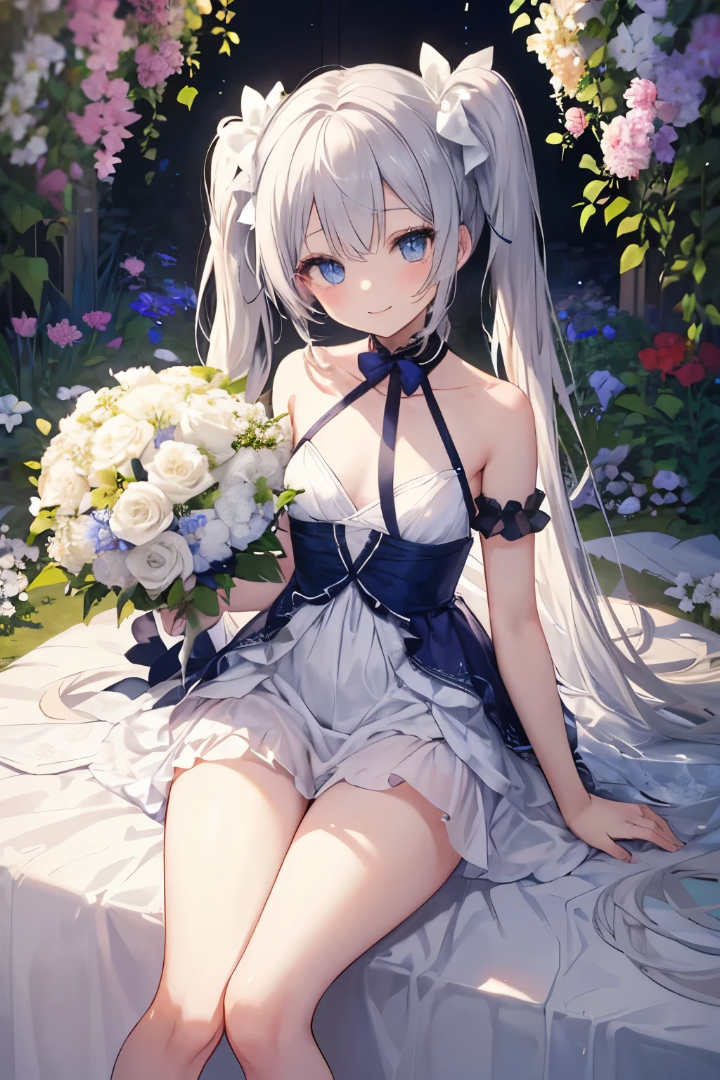Silver Hair、blue eyes、girl、Small breasts、Twin tails、girl、Small breasts、Lolita、Bright smile、Looks about 15 years old、Petan Musume、Short、目のhighlight、Sexy thighs、Flower Garden、color々The flowers are still blooming、bouquet、Mine-based costumes、Your eyes are so beautiful、highlight