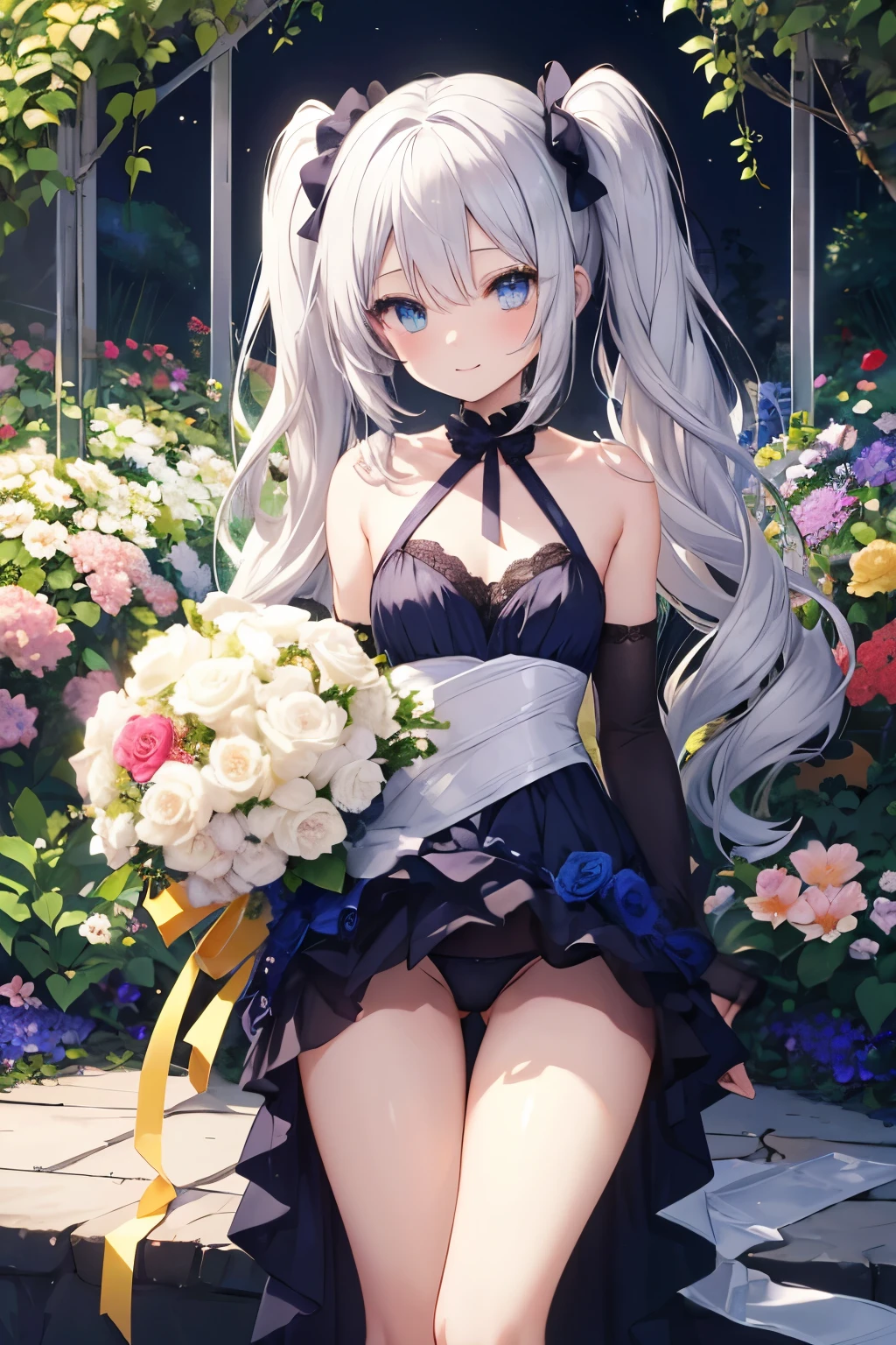 Silver Hair、blue eyes、girl、Small breasts、Twin tails、girl、Small breasts、Lolita、Bright smile、Looks about 、Petan Musume、Short、目のhighlight、Sexy thighs、Flower Garden、color々The flowers are still blooming、bouquet、Mine-based costumes、Your eyes are so beautiful、highlight