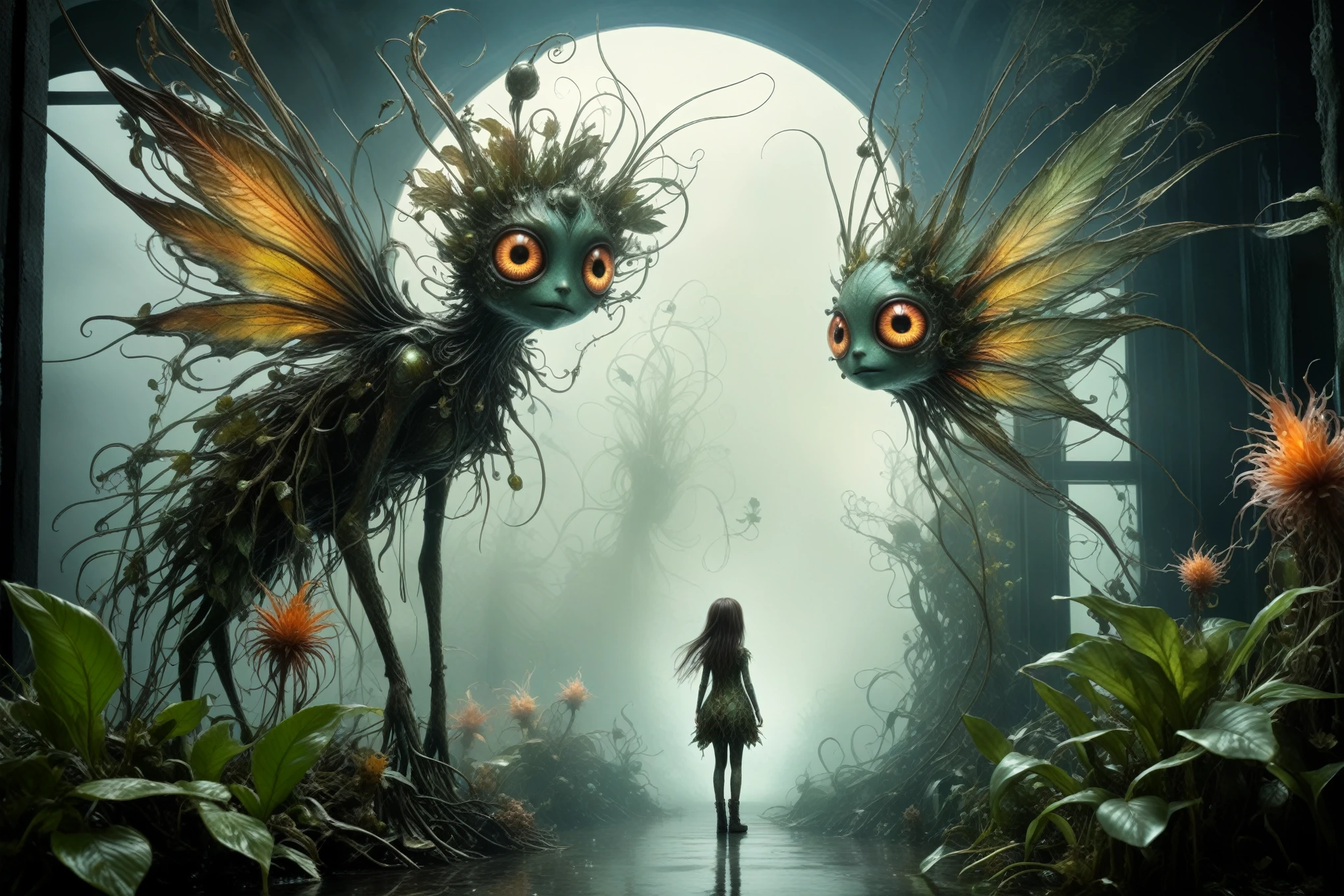 a graphite copper plant girl made of dead plants,a girl made of plants of Silent Hill, atmosphere with backlit,forest city on background,chinesse pixie,A charming and fascinating creature with otherworldly forms that blend the best aspects of the monster human form and the innocent charm of a precocious , once pretty, wings, (best quality: 1.4), (masterpiece: 1.2), detailed, complex, high resolution, iridescent colors, texture, complex, gorgeous, 3D, highly detailed, (Professional photography, extremely detailed),Tim Burton, Dale Chihuly, Bruce Zheng, extremely detailed, high detailed eyes,8k resolution,RAW,retina, Nikon Z9,Nicola Samori, Sergey Zabelin,Aerith Gainsborough