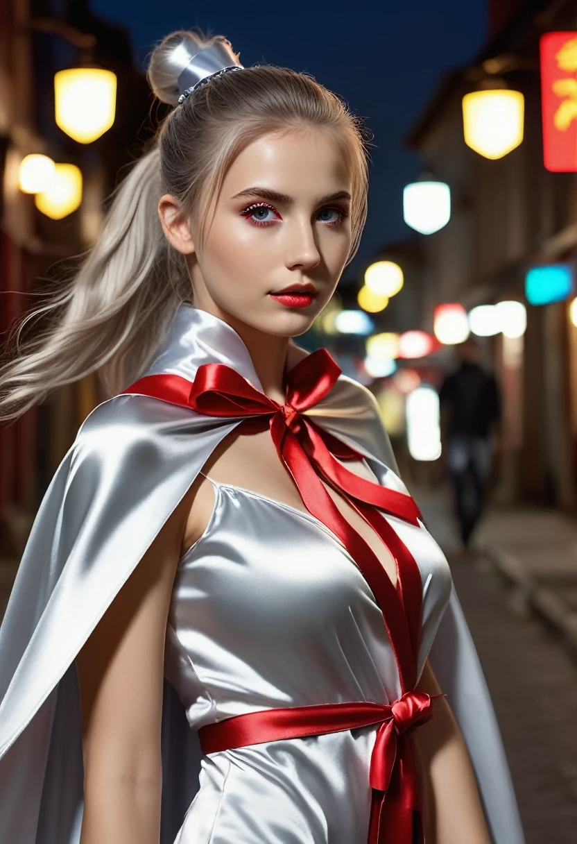 (RAW Photo) , (highly detailed:1.20) , ultra realistic :1.10) ,sexy girl in her 20s , (perfect face:1.20) , (detailed red pupils :1.20) , with long silver hair in ponytail , (((long silver satin cape tied at the neck with a ribbon :1.20))) , naked , full body, walking down street at night , high-quality ultra realistic style, detailed eyes, professional, expressive , 8K , highly detailed , professional,