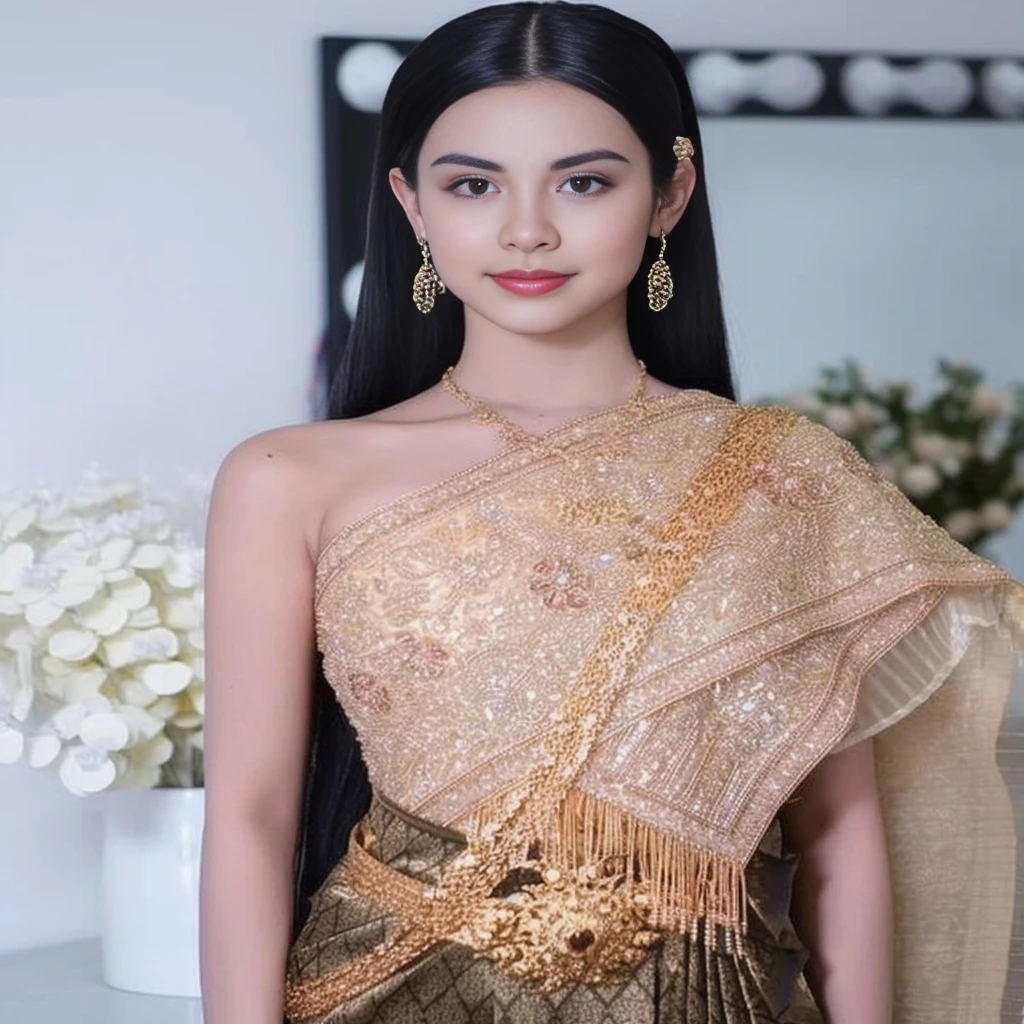 Woman in gold dress poses for photo, Niwan Chandra, Sukhothai set, Southeast Asia that has existed for a long time, According to Thawan Duchanee's style, traditional beauty, In Lammanh style, beautiful and elegant, traditional, Patiphan Sotiwilaiphong, Wear elegant clothes, Decorated with smooth gold.