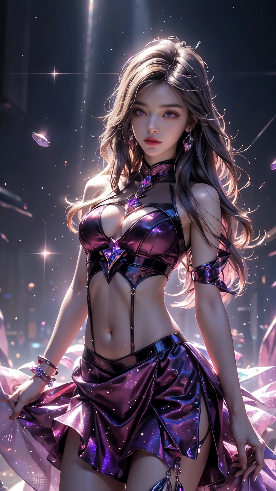 4K, UHD, masterpiece, Best quality, 1 girl, detailed face, detailed eyes, realistic Eyelid, Kda, Alone, very Long hair, small breasts, ((magenta sparkle dress)), ankle-length skirt, ((mesh sardine)), ((bare navel)), looking at viewert, Multicolored glowing crystals, heart sparkle, neon sparkle, bloom, ray tracing, god rays, HDR, DSLR,