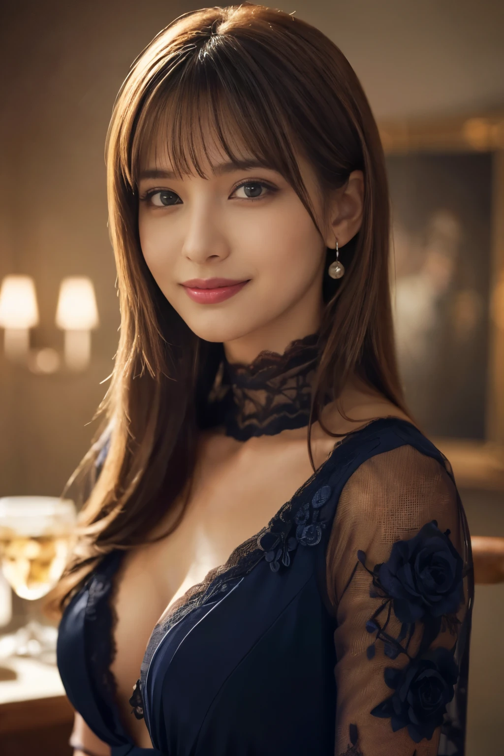 ((highest quality)), (realistic pictures:1.4), (Spread legs),
((1 girl)), (Pure actress), (dream-like),
(超High resolution:1.2), very delicate and beautiful, wonderful, Highly detailed CG Unity 8K wallpaper, Super detailed, High resolution, 
soft light, beautiful detailed girl, highly detailed eyes and face, beautifully detailed nose, beautiful and detailed eyes, 
(wear a navy high transparency lace dress:1.3), (lace shawl)
cinematic lighting, perfect anatomy, slender body, (parted bangs),
cowboy shot, looking at the viewer, (archaic smile)
