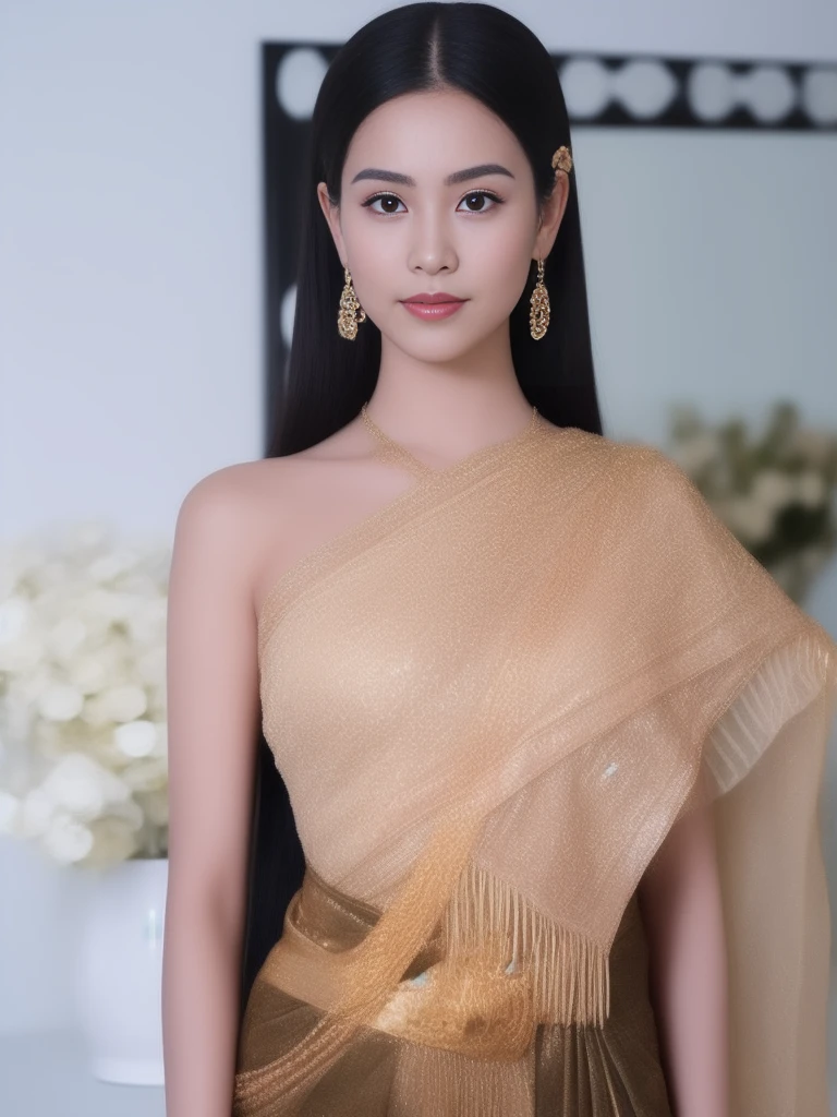 Woman in gold dress poses for photo, Niwan Chandra, Sukhothai set, Southeast Asia that has existed for a long time, According to Thawan Duchanee&#39;s style, traditional beauty, In Lammanh style, beautiful and elegant, traditional, Patiphan Sotiwilaiphong, Wear elegant clothes, Decorated with smooth gold.