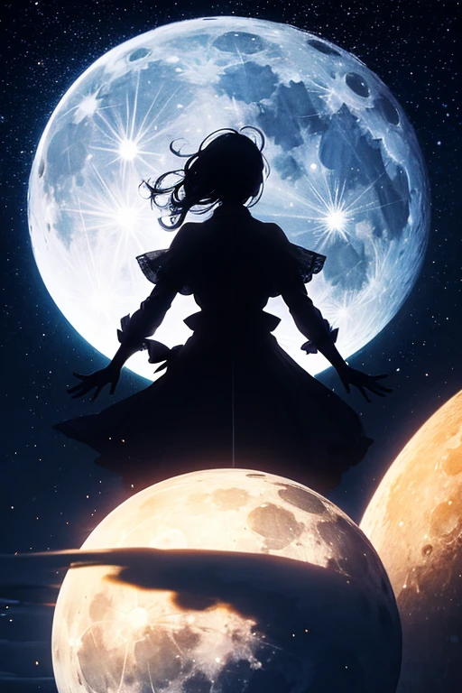 highest quality,Big moon and shadow,A silhouette of a person can be seen against the backdrop of a large moon.,There is one full moon,There is a mood,Beautiful scenery,Starry Sky