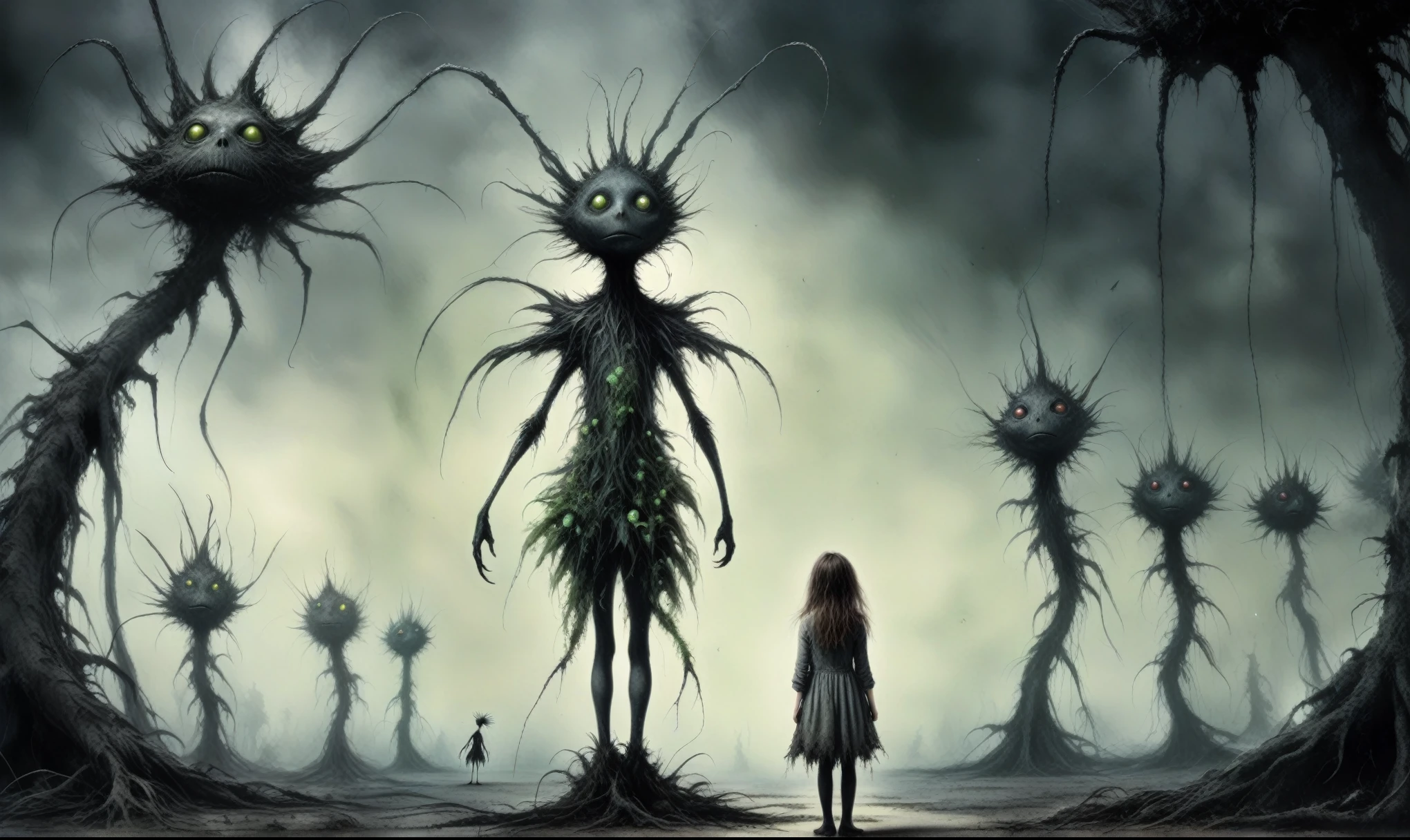Quentin Blake Style Photography - Surreal、1、hight resolution、Beautiful fece、top-quality、masterpiece、ighly detailed,full body length,once pretty,full body,bailong plant girl made of dead plants,a girl made of charcoal plants,charcoal Alien Entity,ominous landscape, niobium graphite atmosphere,dangerous atmosphere,intricate details,realistic graphite skin,extremely intricate details,Epic Realistic,At night, light shone on her,anatomically correct,eyes extremely detailed, high detailed eyes,UHD,Retina,HDR,Technicolor,natural skin textures, hyper realism, hyper detailed,High contrast,Realism,Ultra Detailed,irina yermolova,close full body shot, masterpiece,faded,8k resolution,RAW, Nikon Z9,pixie,nicola samori,ominous dragon wing,spider,an orchard with live sinister bloodthirsty lifes, ancient trees at the stage of radioactive half-life,trap against fairies between trees