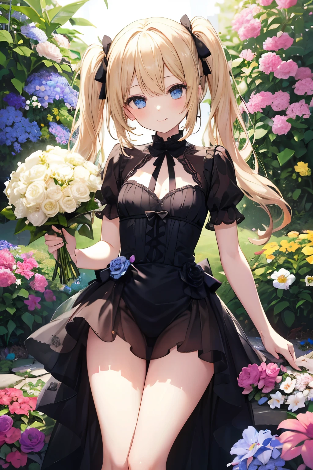 Blonde、blue eyes、girl、Small breasts、Twin tails、girl、Small breasts、Lolita、Bright smile、Looks about 、Petan Musume、Short、目のhighlight、Sexy thighs、Flower Garden、color々The flowers are still blooming、bouquet、Mine-based costumes、Your eyes are so beautiful、highlight