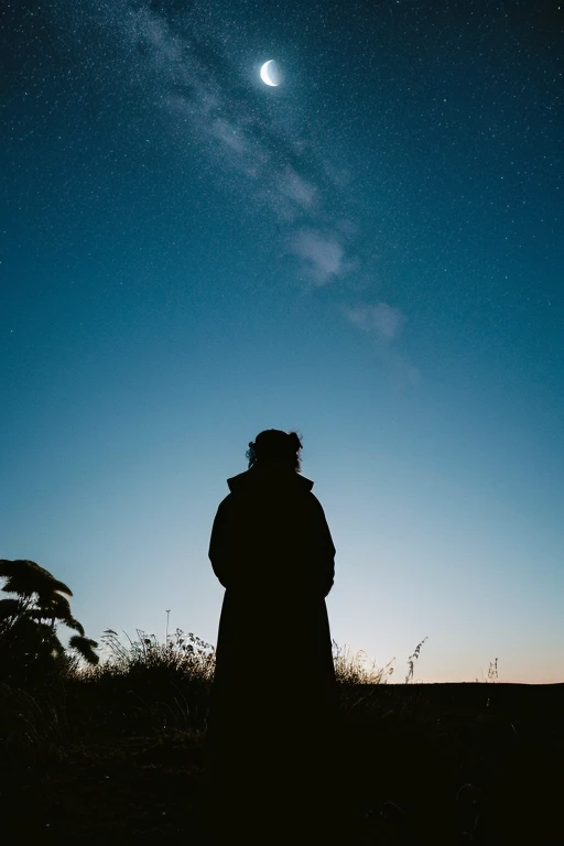 highest quality,Big moon and shadow,A silhouette of a person can be seen against the backdrop of a large moon.,There is one full moon,There is a mood,Beautiful scenery,Starry Sky