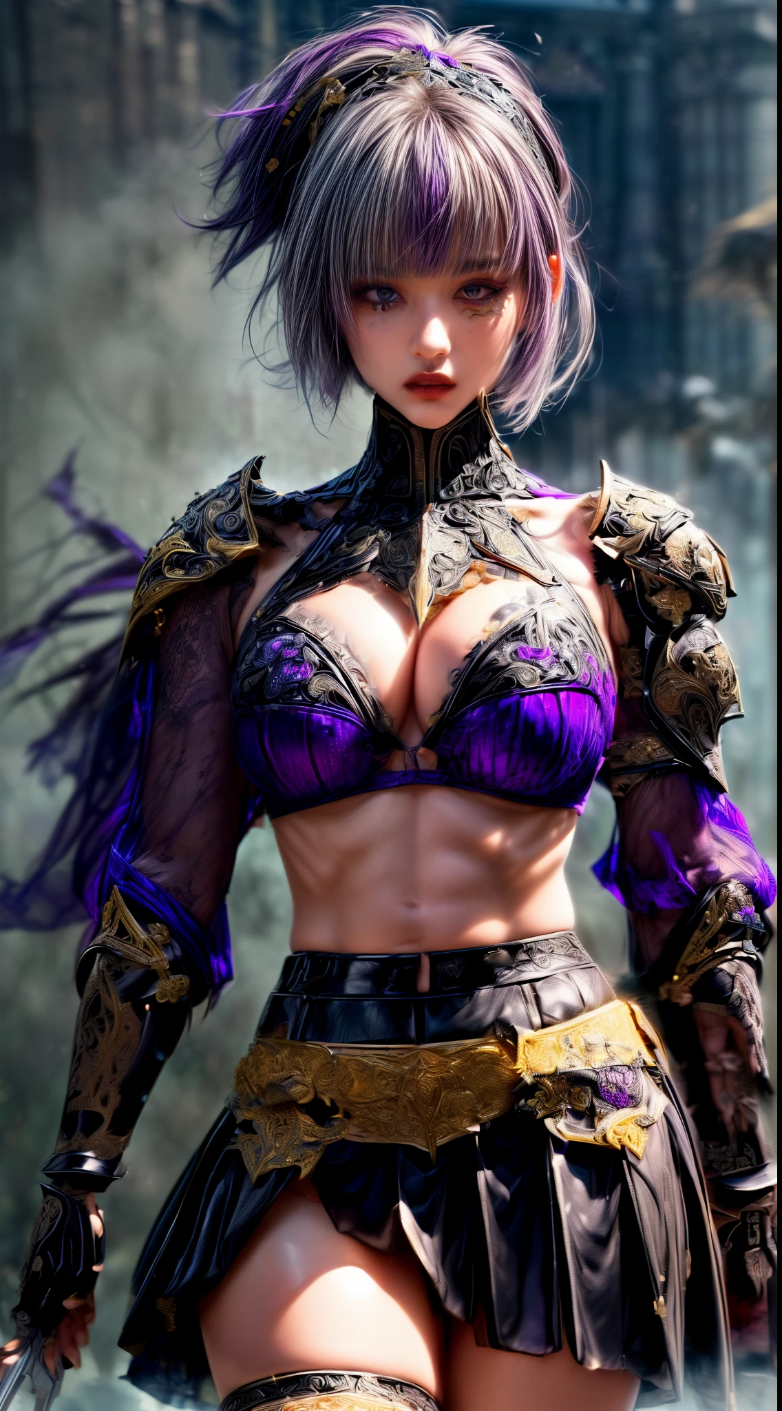 Very beautiful woman、Slender women、(Detailed face)、Realistic Skin、((Dark Knight)), (Dark purple:1.2)、((((Black armor with very fine and intricate decoration:1.5))))、((Delicate photo)),(Girl Astepeace RAW Photo Details:1.25), (highest quality:1.6), (超A high resolution:1.5), (Realistic:1.75), 8K resolution, Canon EOS R5, 50mm, Absurd, Ultra-detailed,Cinema Lighting,((battlefield))、((battle))、(((Dark grey skirt with embellishments)))、Thigh-high socks、Shin Guardulticolored Hair;1.2)、(Gradient Hair:1.2)、((Light gray hair:1.2))、((light purple hair:1.2))、((Pixie Cut:1.2))、(I can see your ripped abs)、Cape、Beautiful Armor、(((Has a huge weapon)))、(((In combat)))、((Armor with a bizarre and ugly design:1.5))、((((fog))))、(((Leading a large group of knights:1.2)))、Purple military flag、Tarantula-inspired armor、(((Battle Scene:1.1)))、(((Purple Tarantula)))、((Dark circles under the eyes))、((eye shadow))、((action:1.1))、((nsfw:1.2))、((Purple panties are visible:1.3))、(((windy skirt lift)))
