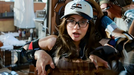 brunette curvy ssbbw wearing leggings and a tank top with glasses and a baseball cap stuck in the chimney she is desperately trying to get herself out of it