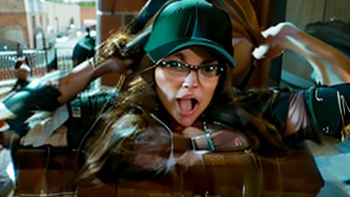 brunette curvy ssbbw wearing leggings and a tank top with glasses and a baseball cap stuck in the chimney she is desperately trying to get herself out of it