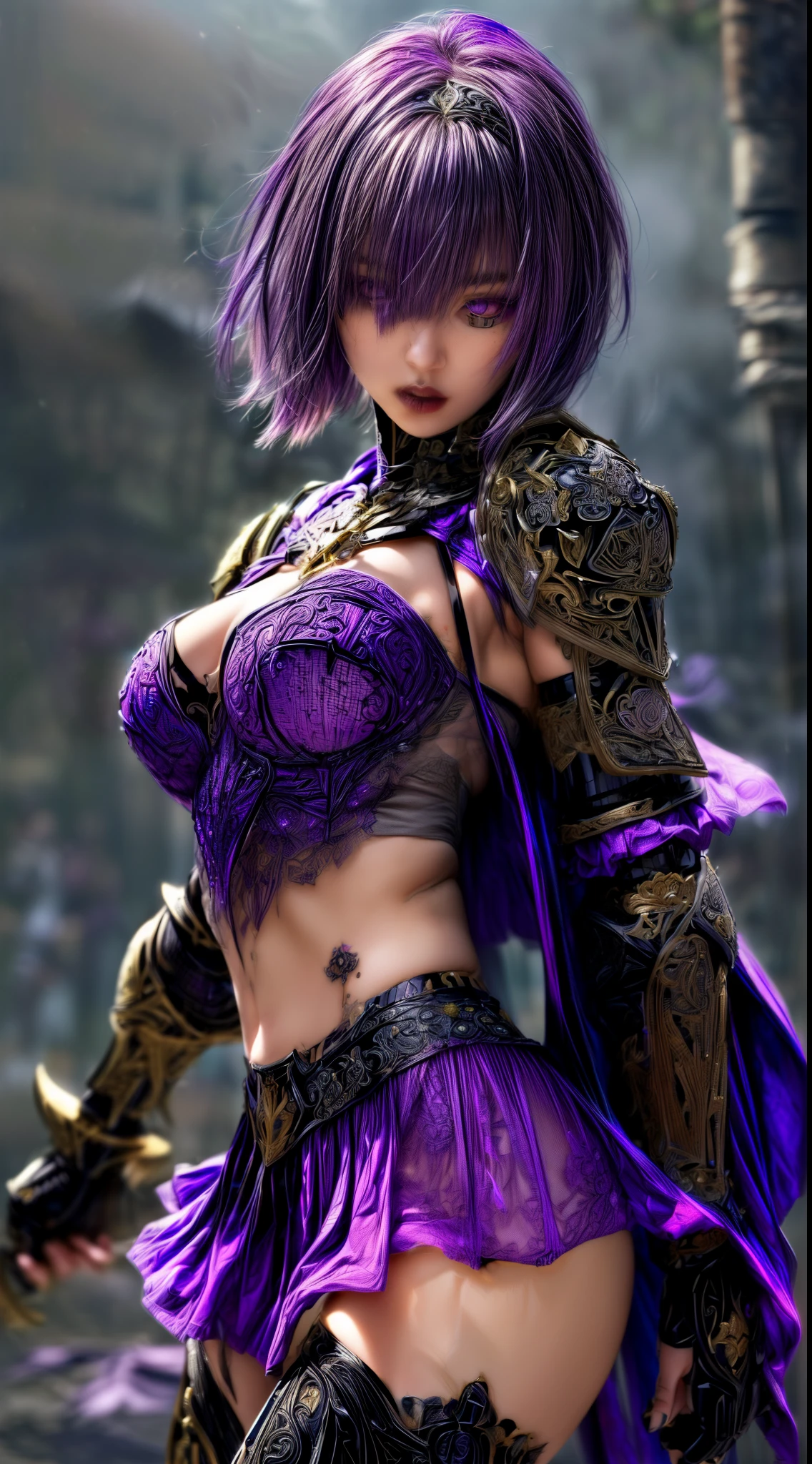 Very beautiful woman、Slender women、(Detailed face)、Realistic Skin、((Dark Knight)), (Dark purple:1.2)、((((Black armor with very fine and intricate decoration:1.5))))、((Delicate photo)),(Girl Astepeace RAW Photo Details:1.25), (highest quality:1.6), (超A high resolution:1.5), (Realistic:1.75), 8K resolution, Canon EOS R5, 50mm, Absurd, Ultra-detailed,Cinema Lighting,((battlefield))、((battle))、(((Dark grey skirt with embellishments)))、Thigh-high socks、Shin Guardulticolored Hair;1.2)、(Gradient Hair:1.2)、((Light gray hair:1.2))、((light purple hair:1.2))、((Pixie Cut:1.2))、(I can see your ripped abs)、Cape、Beautiful Armor、(((Has a huge weapon)))、(((In combat)))、((Armor with a bizarre and ugly design:1.5))、((((fog))))、(((Leading a large group of knights:1.2)))、Purple military flag、Tarantula-inspired armor、(((Battle Scene:1.1)))、(((Purple Tarantula)))、((Dark circles under the eyes))、((eye shadow))、((action:1.1))、((nsfw:1.2))、((((Light purple panties are visible:1.3))))、Strong winds、