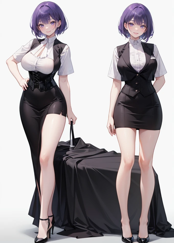Purple hair,short hair,Adult female,Bartender,((Rolling up your sleeves shirt)),((black vest)),(Corset),(skirt),High heels,((Simple white background)),Smile,((Full body)),((whole body)),Character Sheet,