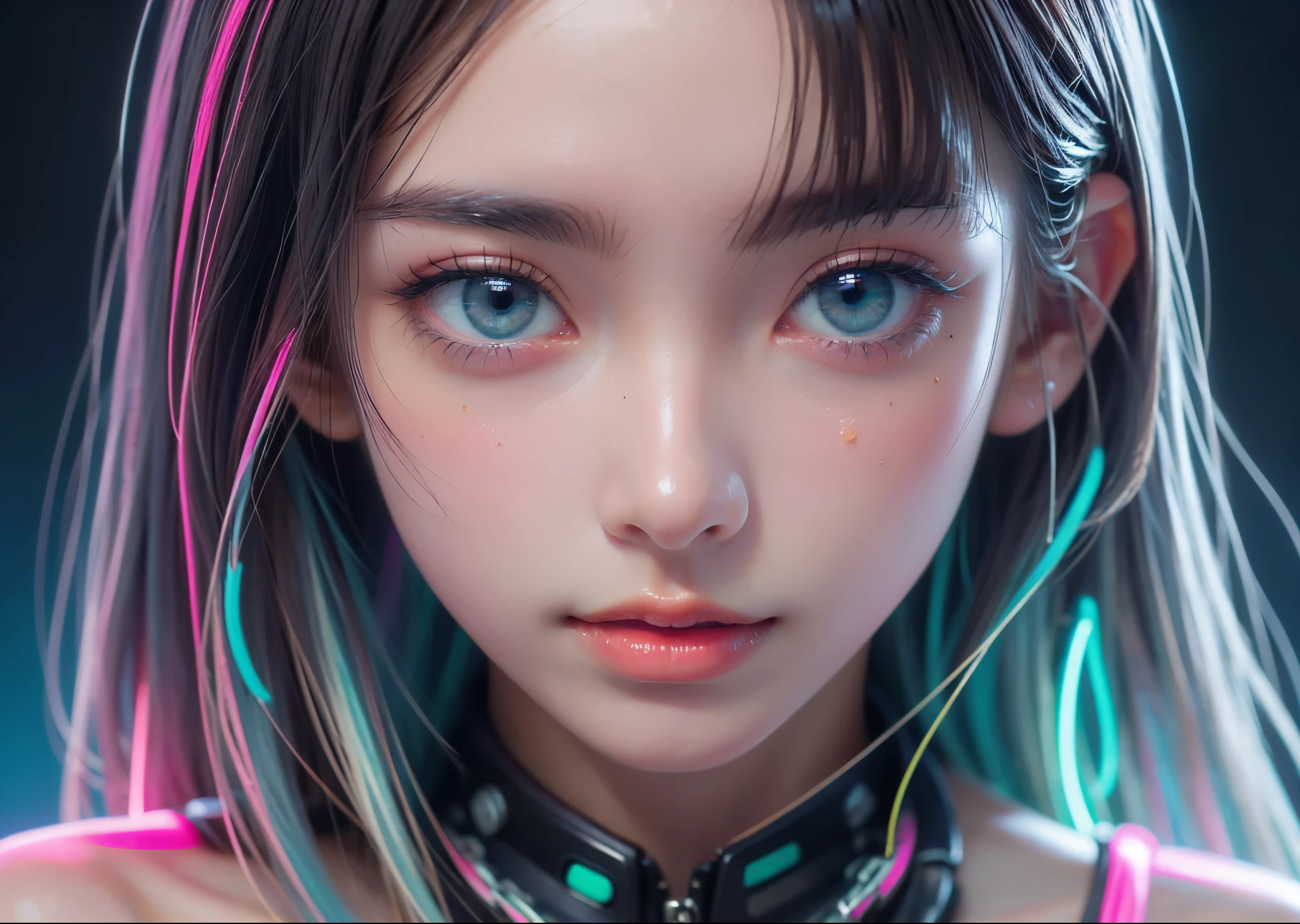 (masterpiece, highest quality, highest quality, Official Art, beautifully、aesthetic:1.2)、Bust Shot、Portrait、 (Cyberpunk fashion girl 1)、Big light blue eyes、Beautiful skin、(Long silver hair with bangs)、Very detailed,(Neon colored fractal art:1.3)、Perfect lighting、Sharp focus、High resolution、High resolution、High color rendering、High resolution、Super realistic、