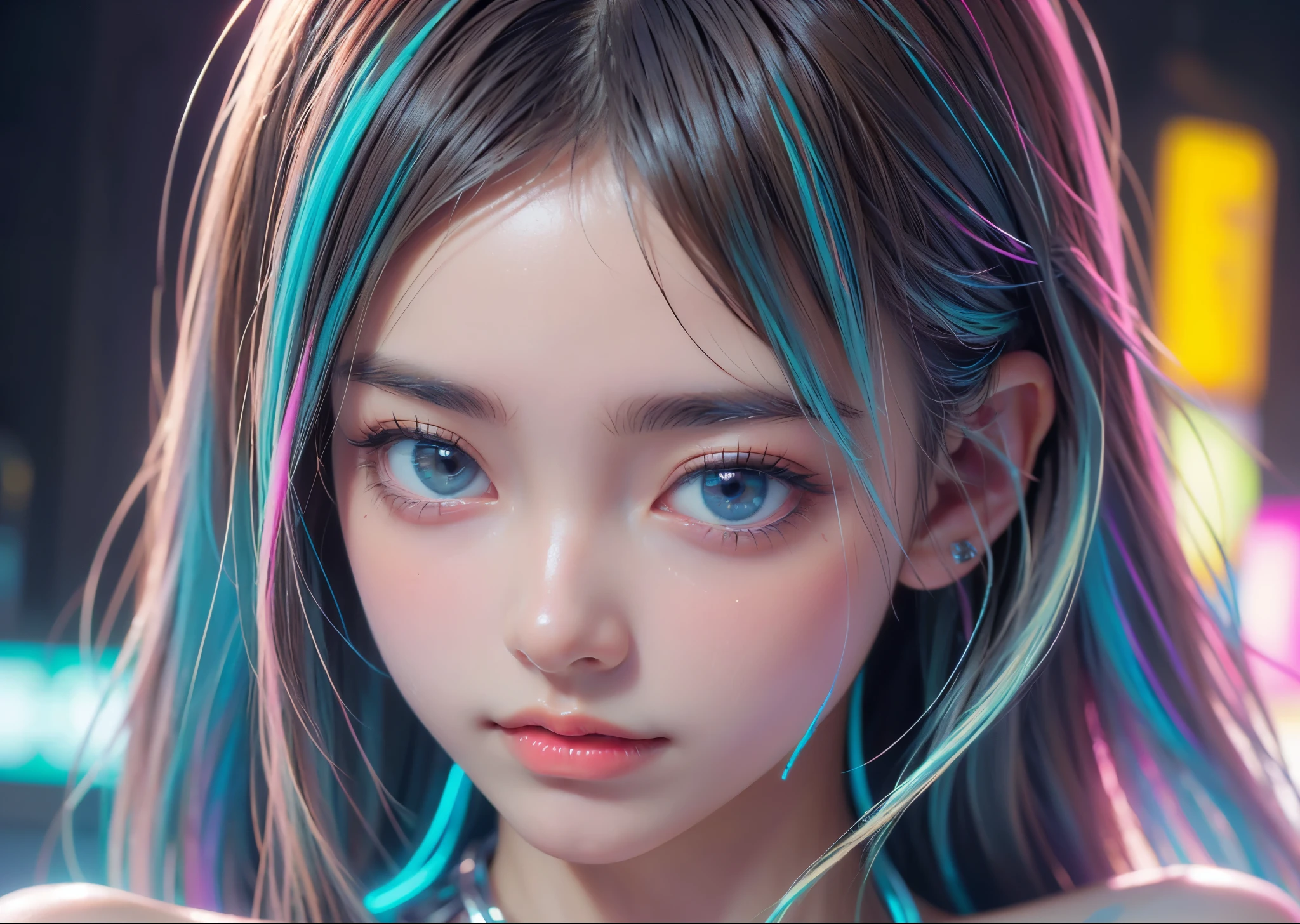 (masterpiece, highest quality, highest quality, Official Art, beautifully、aesthetic:1.2)、Bust Shot、Portrait、 (Cyberpunk fashion girl 1)、Big light blue eyes、Beautiful skin、（Long silver hair with bangs）、Very detailed,(Neon colored fractal art:1.3)、Perfect lighting、Sharp focus、High resolution、High resolution、High color rendering、High resolution、Super realistic、