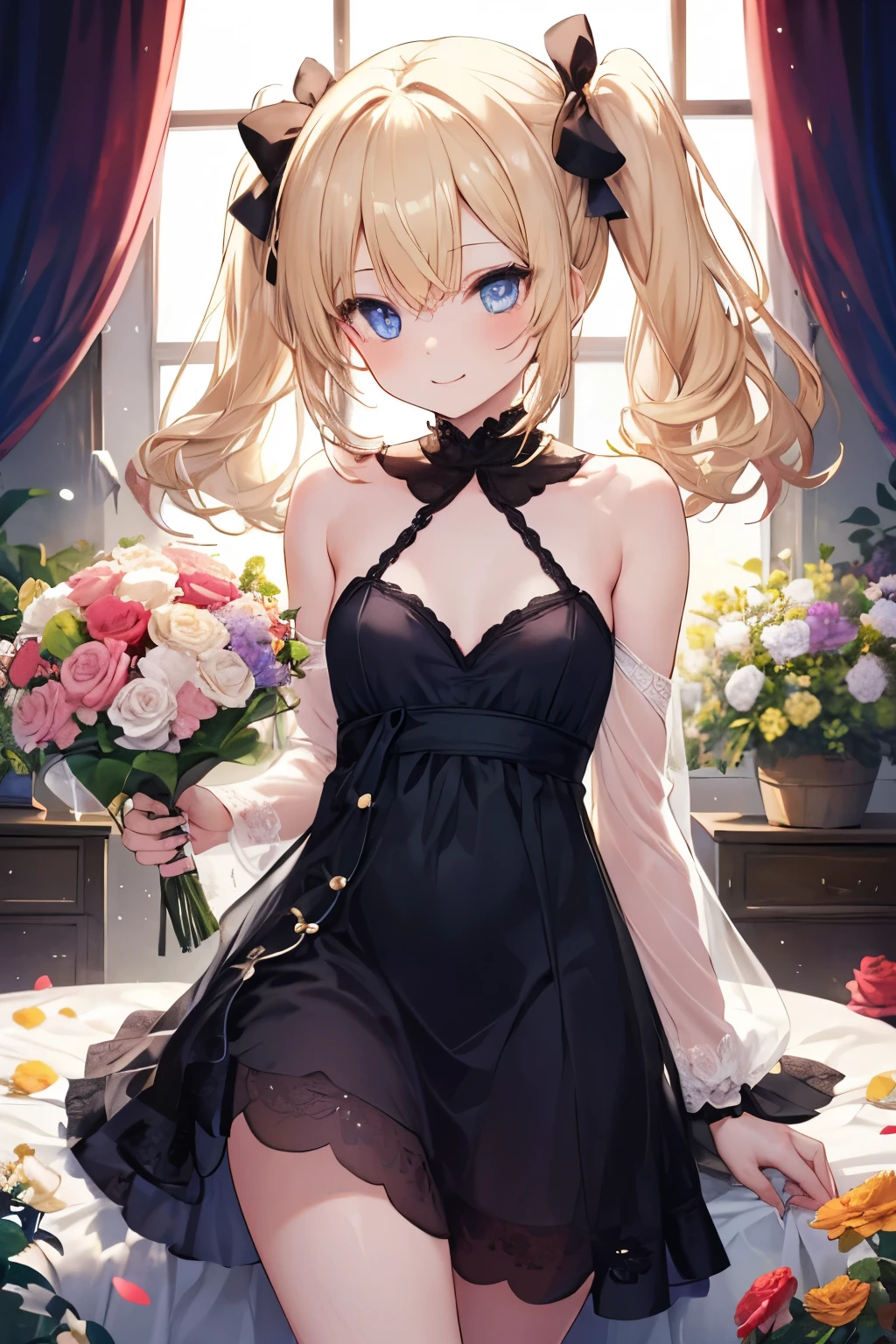Blonde、blue eyes、girl、Small breasts、Twin tails、girl、Small breasts、Lolita、Bright smile、Looks about 15 years old、Petan Musume、Short、目のhighlight、Sexy thighs、Flower Garden、color々The flowers are still blooming、bouquet、Rose dress costume、Your eyes are so beautiful、highlight