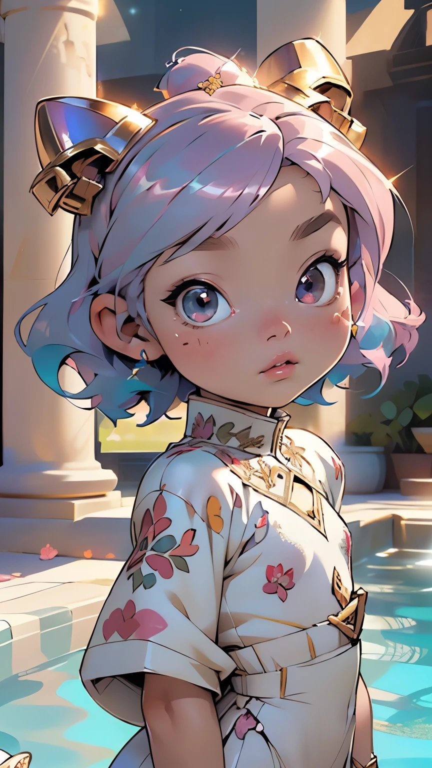1 girl, two colored hair: pink hair color, blue hair color, gradient, yellow cat eyes, eyeliner, glossy lips, seductive,horns, sparkles, fantasy:1.1, magical effect:1.1, glowify, kawaiitech, pastel colors, kawaii, cute colors,(((little girl,tiny body,little,chibi))),(((6 years old))),(((1 toddler:1.4))),(baby face),(round face),
(((flat chest))),intricate eyes,beautiful detailed eyes,symmetrical eyes,big eyes:1.5,(((lustrous skin:1.5,bright skin: 1.5,skin tanned,shiny skin,very shiny skin,shiny body,plastic glitter skin,exaggerated shiny skin,illuminated skin))),(detailed body,(detailed face)),
cute,nsfw,
♀⚢❤🦄🌷🌈,(((intricate outfit,intricate clothes,embroidered outfit,ornate outfit))),
(dynamic pose:1.0),(centered,scale to fit dimensions,Rule of thirds),
((beautiful bath house made of greek marble and pillars, beautiful clear water in pool)),scenery:1.25,((intricate scenery)),((greek temple background)),
(Glossy greek ornaments),highres,sharp focus,(ultra detailed,extremely detailed),(photorealistic artwork:1.37),(extremely detailed CG unity 8k wallpaper),(((vibrant colors,vibrant theme))),(intricate),(masterpiece),(best quality),artistic photography,(photography taken by sldr),(intricate background),perfect rendered face,perfect face details,realistic face,photo realistic,((intricate detail)),(((realism))),