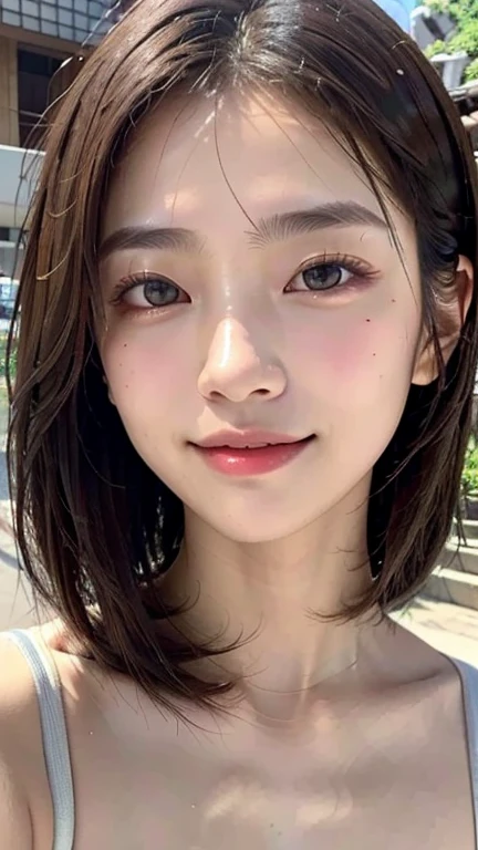 With the alleys of Kyoto in the background、18-year-old girl、independent、look forward to、Light eye makeup、Brown Hair Color、flat 、Hair blowing in the wind、Quality of actress、Shiny, Ultra-realistic face、smileの表情、Watery eye、look up、Pleasant lighting effects、 Ultra-Realistic Capture、Very detailed、High resolution 16K human skin closeup。Skin texture must be natural、Must be so detailed that pores are visible、skin is healthy、There must be a unified tone、Use natural light and color、High quality photos taken by modeling agencies'Exclusive photographer、smile