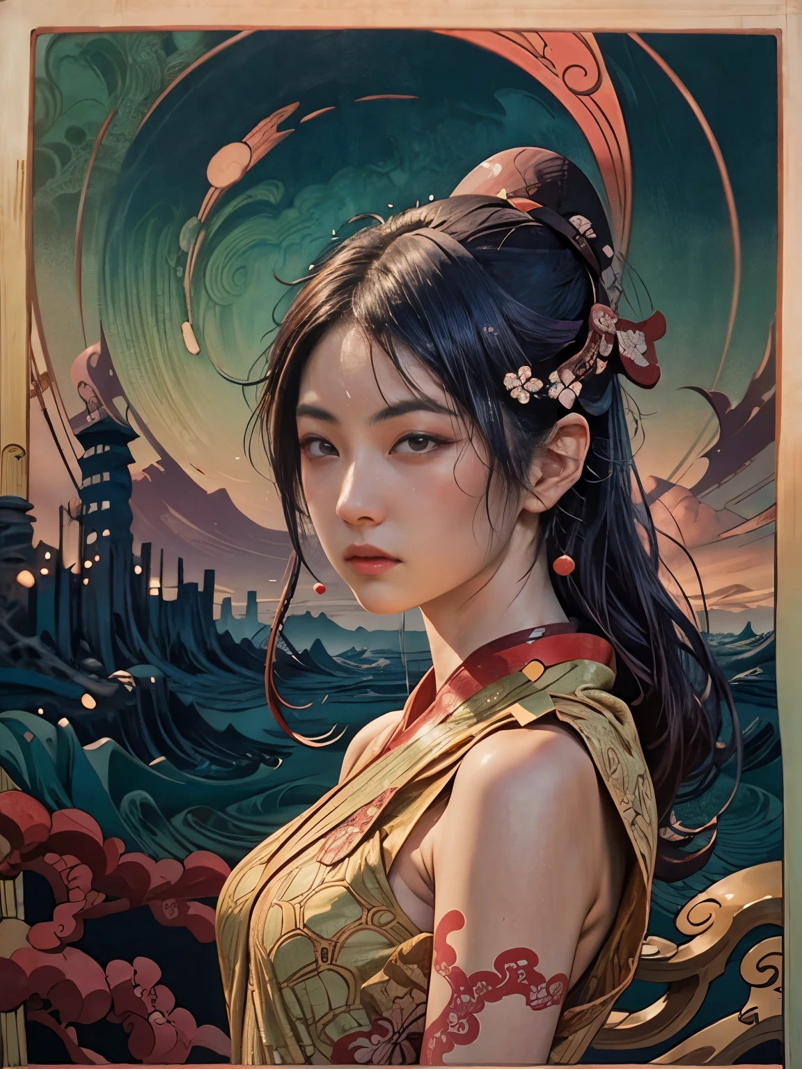 (UKIYOE:1.9)、woodblock print、woodblock print、otherscape、SF、Space Opera、Beautiful woman、Purple clouds gather、Detailed face、Beautiful Eyes、Elegant garments、Intricate floral pattern、Delicate skin、Natural light、A calming color palette、Soft Focuasterpiece、skimpy leather costume、spaceship、