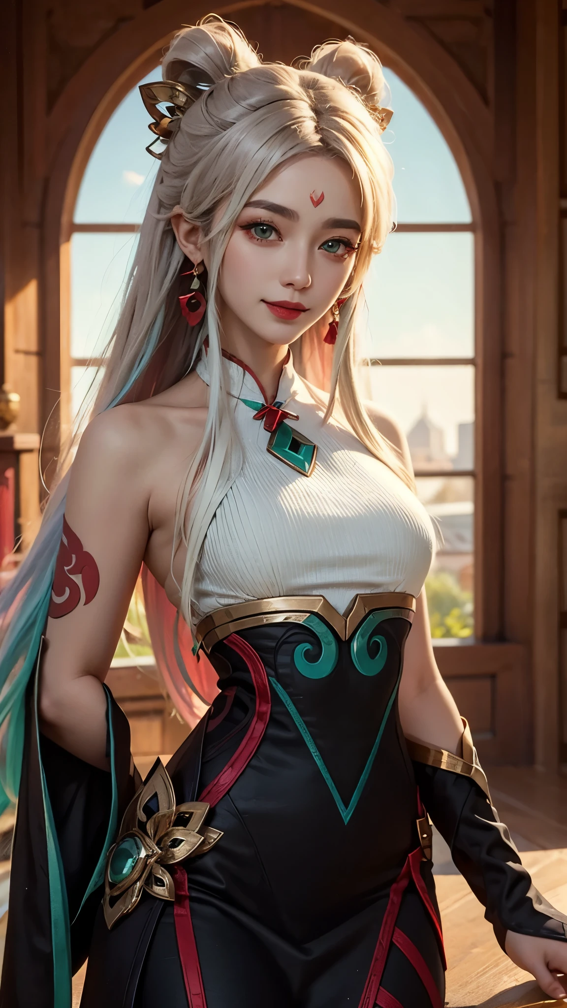 (masterpiece, best quality:1.2), intricate details, mythmaker irelia, 1girl, hair ornament, hair rings, bare shoulders, dress, detached sleeves, forehead mark, multicolored hair, white hair, earrings, green eyes, textured skin, looking at viewer, solo, light smile, (mature female:1.2)