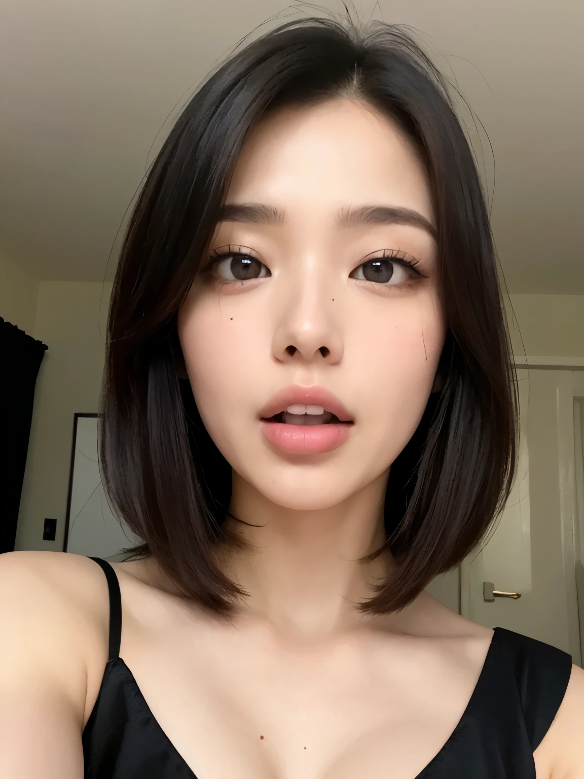 (masterpiece:1.2), Very detailed, Ultra-high resolution, (Realistic, photo Realistic:1.37), High resolution raw color photos, Professional photos, Dramatic lighting, Sharp focus:1.2, (Very detailedな顔と肌の質感, Very beautiful eyes, Glossのある肌, Glowing Skin,  Shining Face, Gloss, Oily skin, greasy face, 強いGloss), Perfect Anatomy, Very detailedな背景, 1 female, 30-year-old woman, Japanese women, Volumetric lighting, In the Dark, Deep Shadow,  (((Squint your eyes:1.3、Ahegao:1.2, Lips parted))), (Formal attire:1.4), sexy、Browsing Caution, Straight Bob Hair、Beautiful Hair、Black Hair、Attractive face、Fair skin、Multiple moles