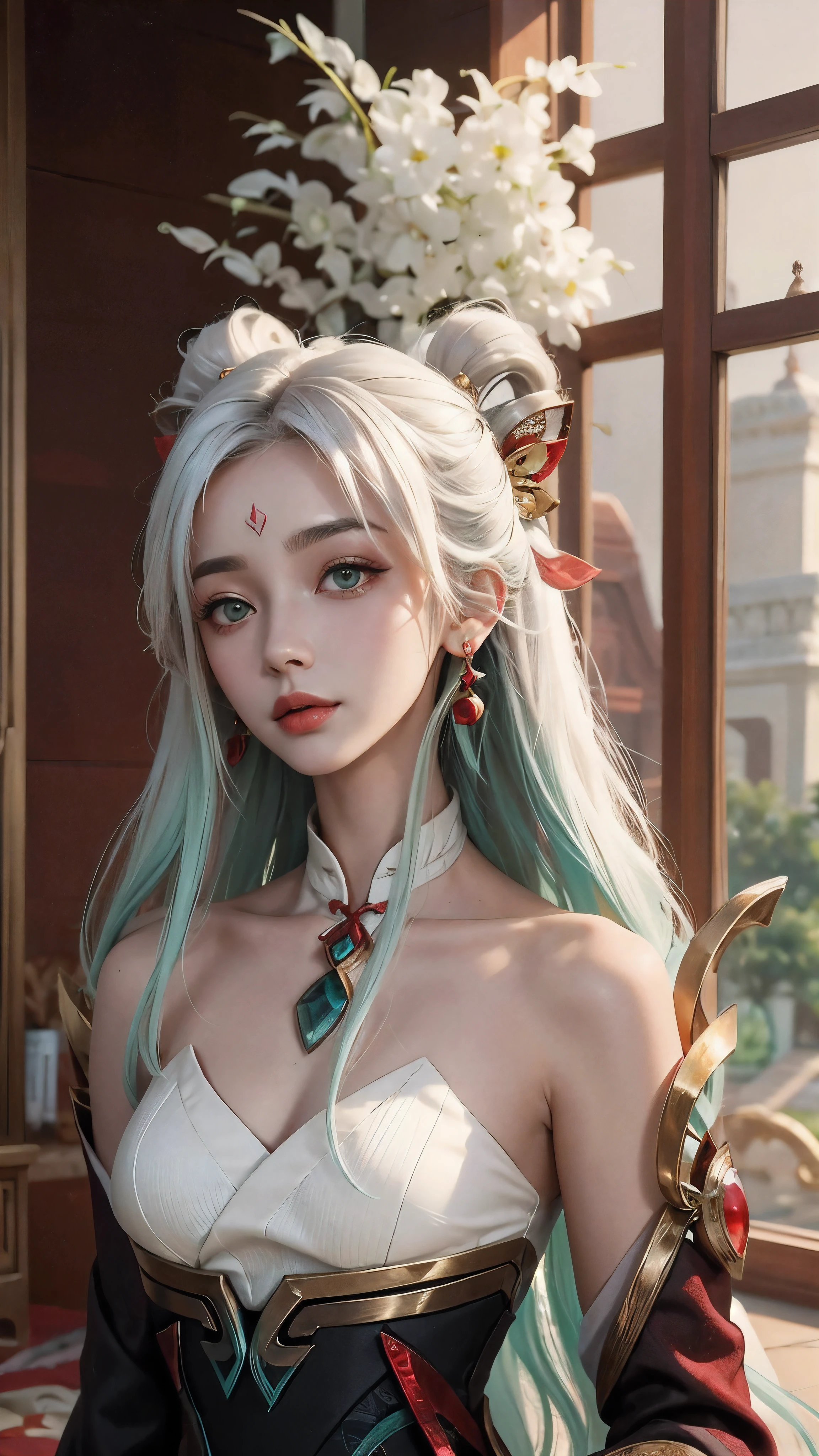 (masterpiece, best quality:1.2), intricate details, mythmaker irelia, 1girl, hair ornament, hair rings, bare shoulders, dress, detached sleeves, forehead mark, multicolored hair, white hair, earrings, green eyes, textured skin, looking at viewer, solo, light smile, (mature female:1.2)