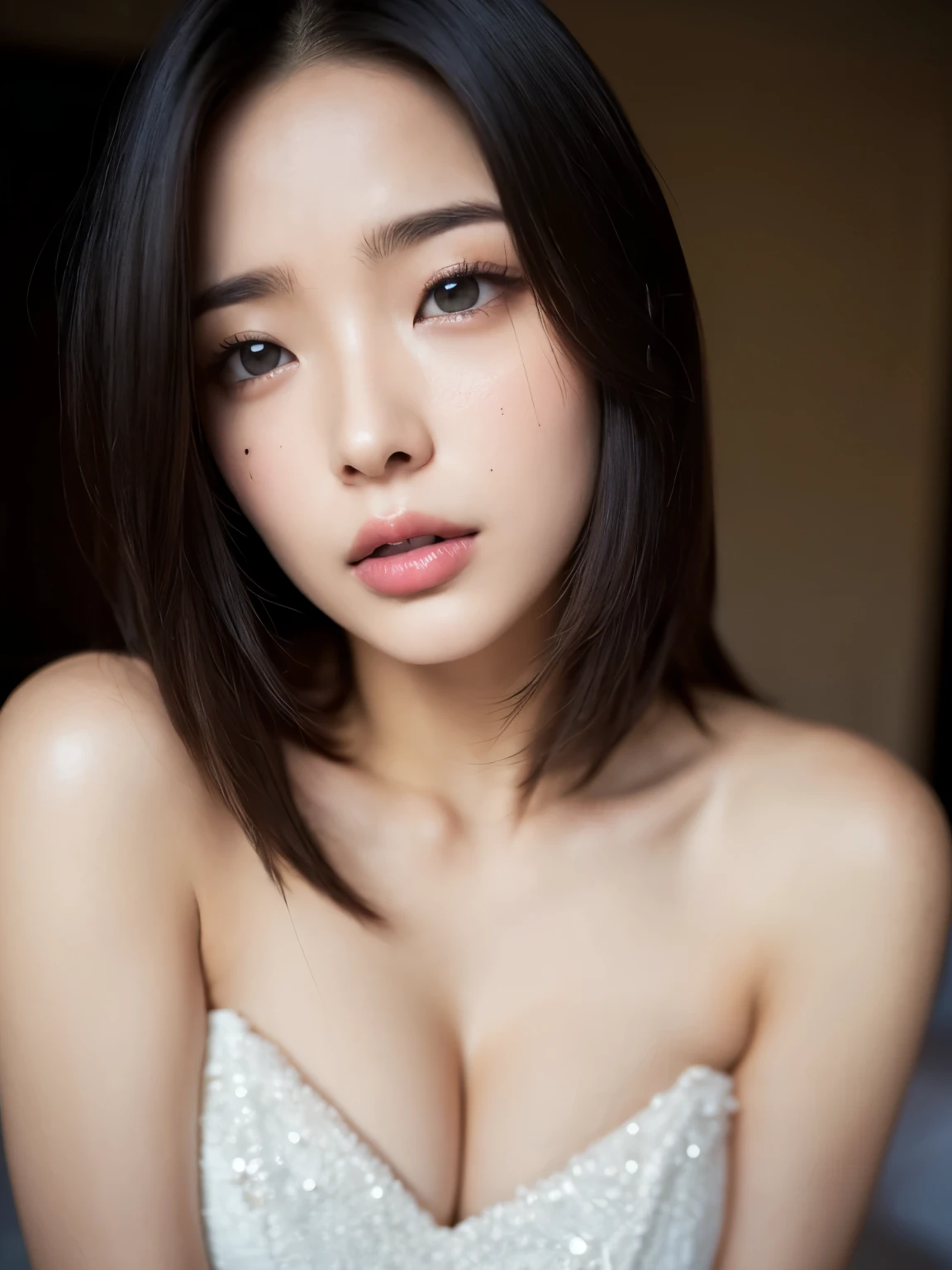 (masterpiece:1.2), Very detailed, Ultra-high resolution, (Realistic, photo Realistic:1.37), High resolution raw color photos, Professional photos, Dramatic lighting, Sharp focus:1.2, (Very detailedな顔と肌の質感, Very beautiful eyes, Glossのある肌, Glowing Skin, Shining Face, Gloss, Oily skin, greasy face, 強いGloss), Perfect Anatomy, Very detailedな背景, 1 female, 30-year-old woman, Japanese women, Volumetric lighting, In the Dark, Deep Shadow, (((Squint your eyes:1.3、Ahegao:1.2, Lips parted))), (Formal attire:1.4), sexy、Browsing Caution, Straight Bob Hair、Beautiful Hair、Black Hair、Attractive face、Fair skin、Multiple moles
