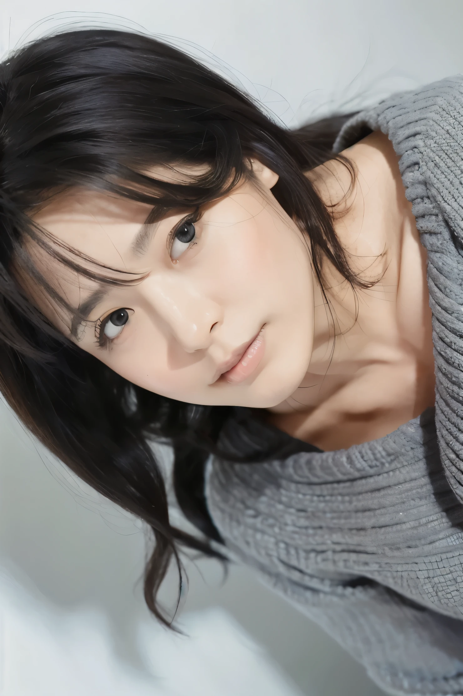Japanese woman in her 40s、Long black hair、big, Slightly droopy eyes、Wearing a grey knitted dress、Photo taken from an angle