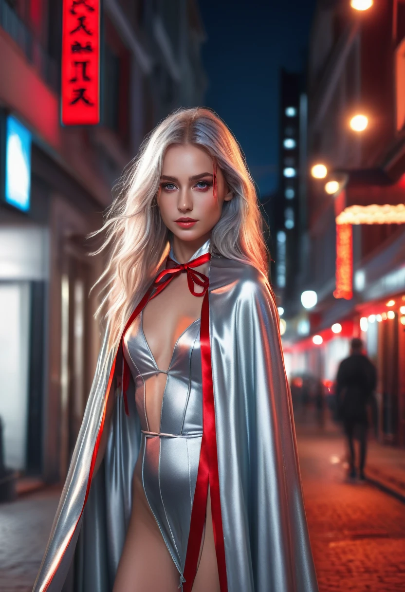 (RAW Photo) , (highly detailed:1.20) , ultra realistic :1.10) ,sexy girl in her 20s , (perfect face:1.20) , (detailed red pupils :1.20) , with long silver hair in ponytail , (((long silver satin cape tied at the neck with a ribbon :1.20))) , naked  , full body, walking down street at night , high-quality ultra realistic style, detailed eyes, professional, expressive , 8K , highly detailed , professional,