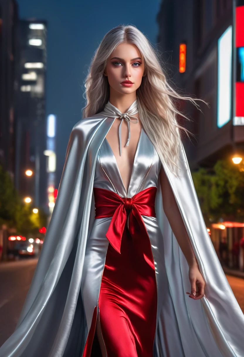 (RAW Photo) , (highly detailed:1.20) , ultra realistic :1.10) ,sexy girl in her 20s , (perfect face:1.20) , (detailed red pupils :1.20) , with long silver hair in ponytail , (((long silver satin cape tied at the neck with a ribbon :1.20))) , naked  , full body, walking down street at night , high-quality ultra realistic style, detailed eyes, professional, expressive , 8K , highly detailed , professional,