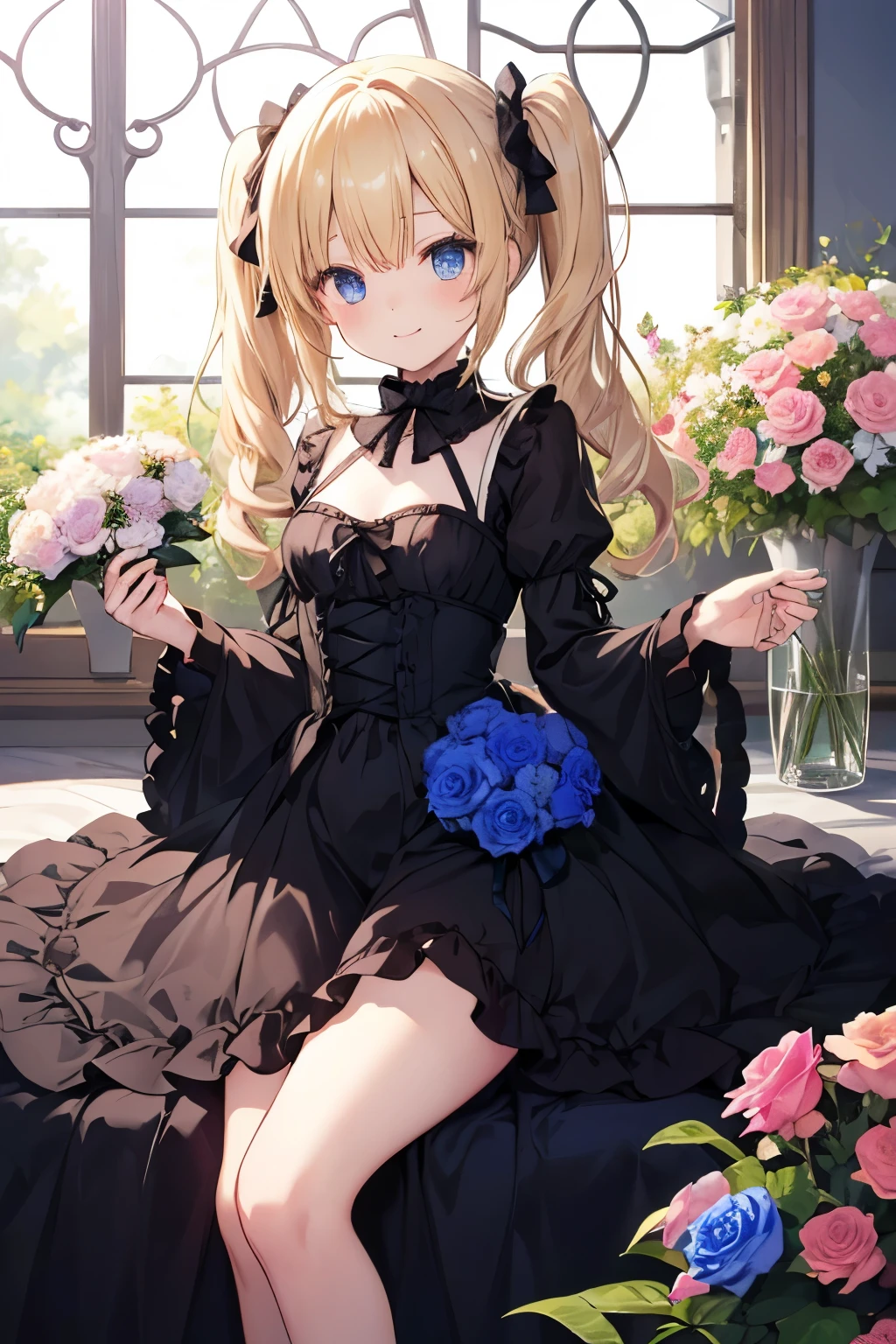 Blonde、blue eyes、girl、Small breasts、Twin tails、girl、Small breasts、Lolita、Bright smile、Looks about 15 years old、Petan Musume、Short、目のhighlight、Sexy thighs、Flower Garden、color々The flowers are still blooming、bouquet、Rose Gothic Lolita Dress Costume、Your eyes are so beautiful、highlight