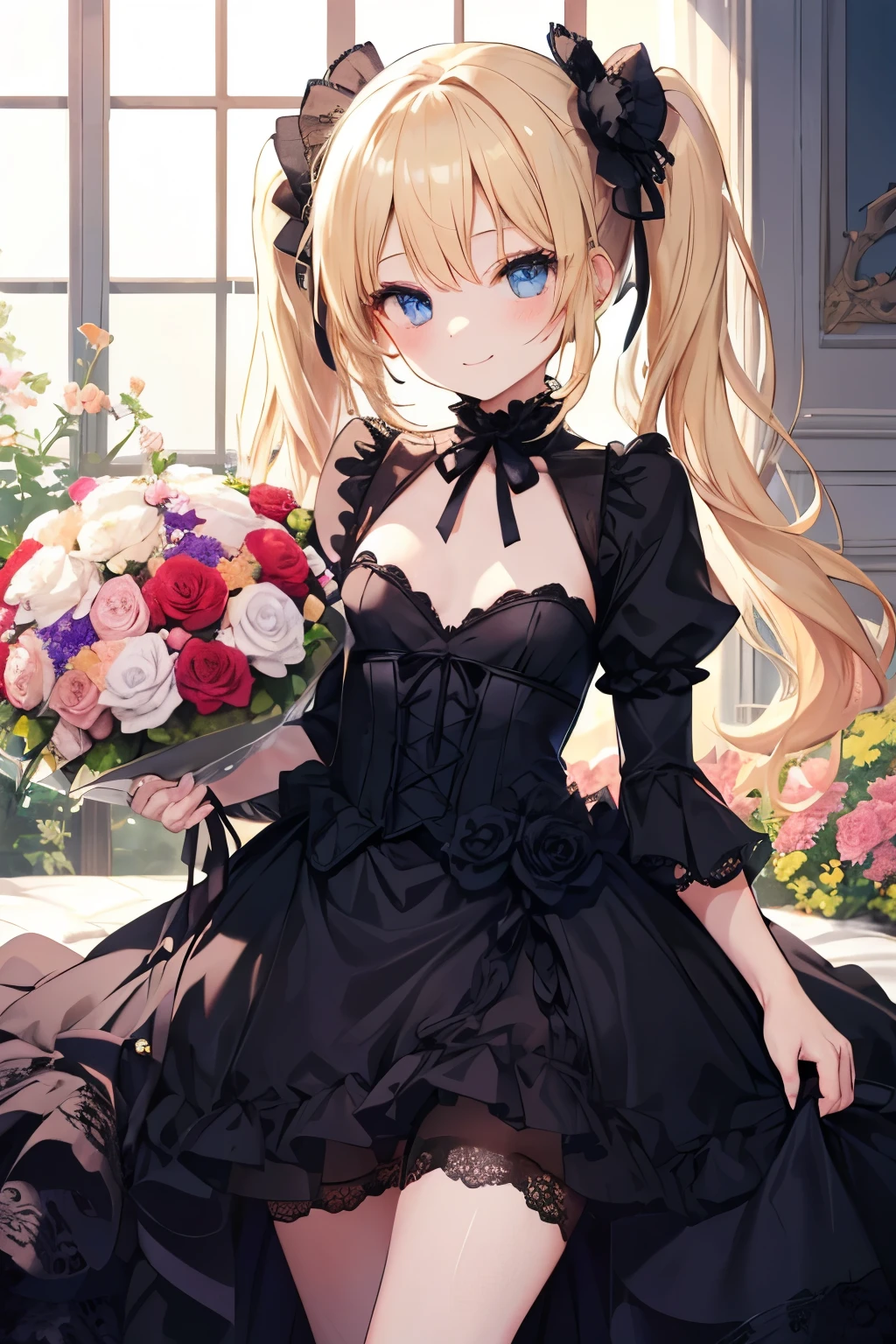 Blonde、blue eyes、girl、Small breasts、Twin tails、girl、Small breasts、Lolita、Bright smile、Looks about 15 years old、Petan Musume、Short、目のhighlight、Sexy thighs、Flower Garden、color々The flowers are still blooming、bouquet、Rose Gothic Lolita Dress Costume、Your eyes are so beautiful、highlight