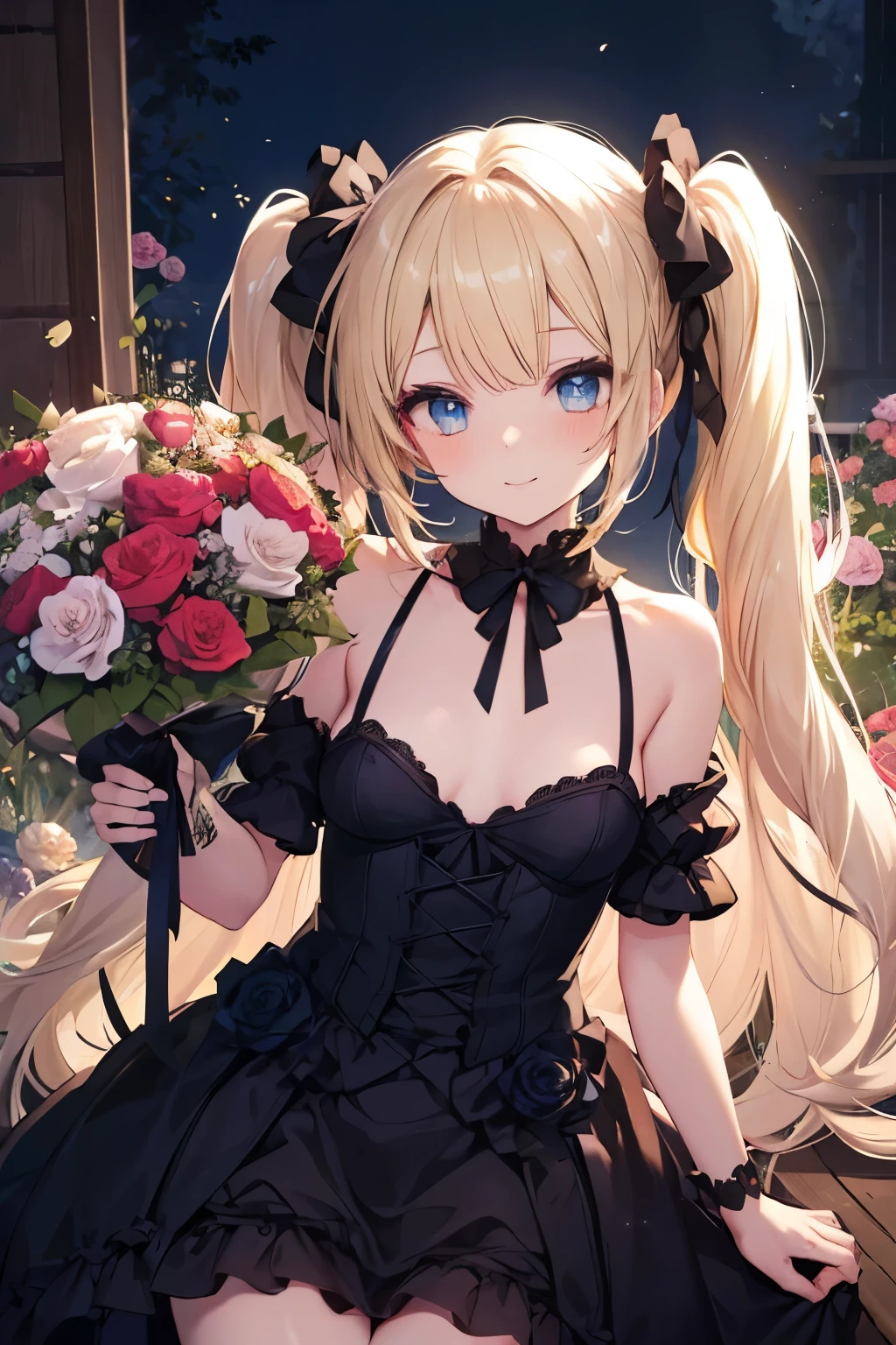 Blonde、blue eyes、girl、Small breasts、Twin tails、girl、Small breasts、Lolita、Bright smile、Looks about 15 years old、Petan Musume、Short、目のhighlight、Sexy thighs、Flower Garden、color々The flowers are still blooming、bouquet、Rose Gothic Lolita Dress Costume、Your eyes are so beautiful、highlight