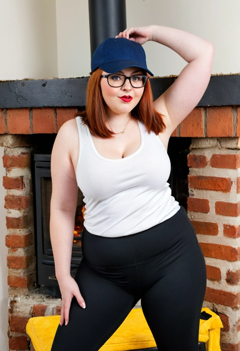 brunette curvy ssbbw wearing leggings and a tank top with glasses and a baseball cap stuck in the chimney she is desperately trying to get herself out of it