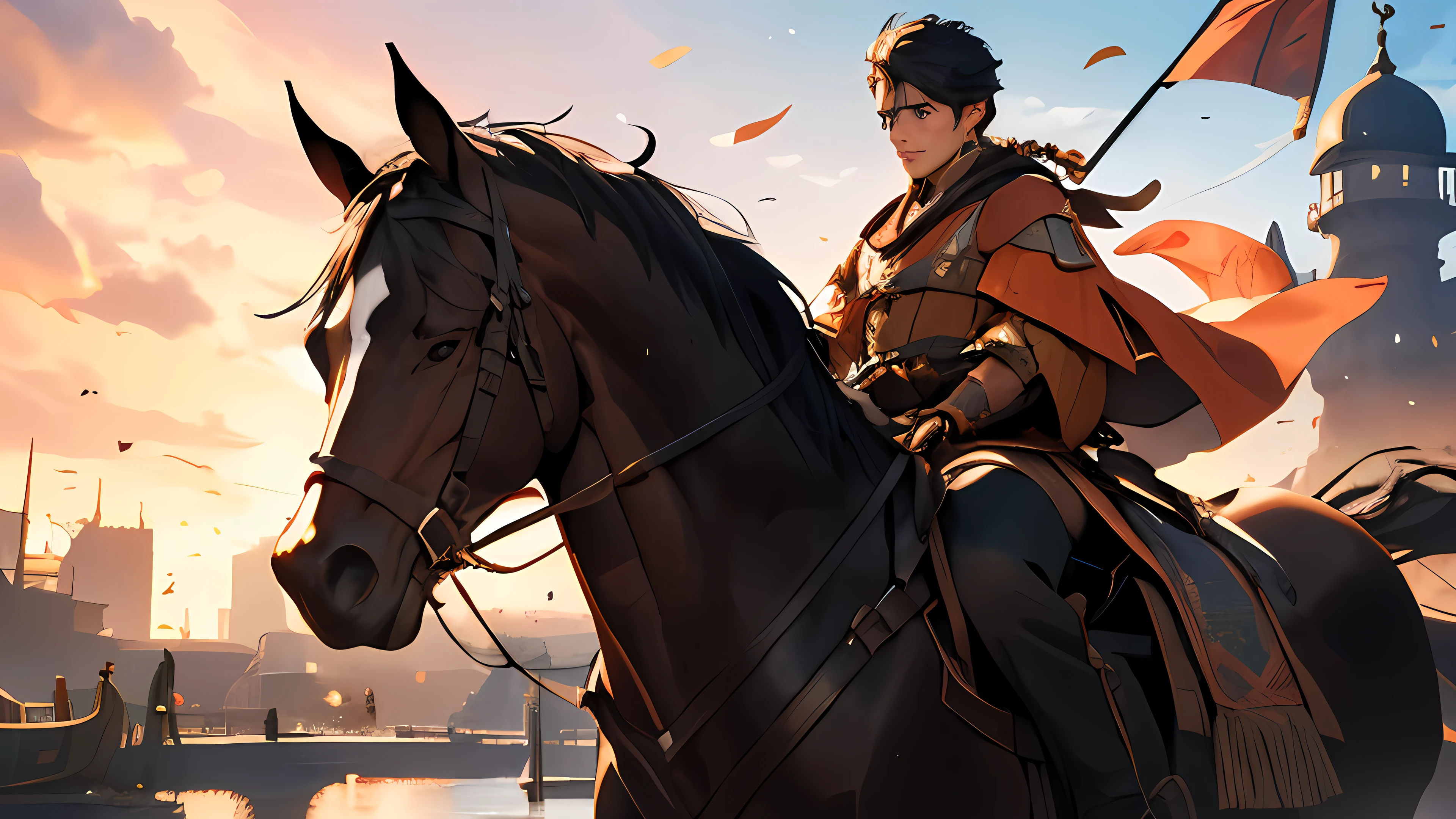 a boy with (long, braided,black) hair,wearing (an hanfu, black) garment,riding a horse towards a port city,port with many ships which is the boy's destination.the boy has (beautiful detailed eyes,beautiful detailed lips,extremely detailed eyes and face,longeyelashes).the horse is (majestic,strong,energetic), with (sleek shiny coat,strong muscles).The city is (medieval, ancient, bustling), with (stone walls, cobblestone streets, tall turrets).There are (colorful flags, flying banners) hanging from the buildings, creating a festive atmosphere.The port is filled with (giant, majestic, maritime) ships, docked by the harbor, with tall masts and billowing sails.The sky is (vibrant, colorful), with (soft, warm) hues of orange and pink, as the sun begins to set.The boy's black hair (gently sways, dances) in the wind as she rides, radiating her (spirit of adventure, determination).She carries a (weathered, leather) map in her hand, guiding her towards her destination. The landscape is (lush, green), with (rolling hills, dense forests) in the distance.It is a (magical, enchanting) scene, filled with a sense of wonder and possibility.The overall quality of the image is (best quality,4k,8k,highres,masterpiece:1.2),ultra-detailed,(realistic,photorealistic,photo-realistic:1.37), with (HDR,UHD,studio lighting,ultra-fine painting) techniques.