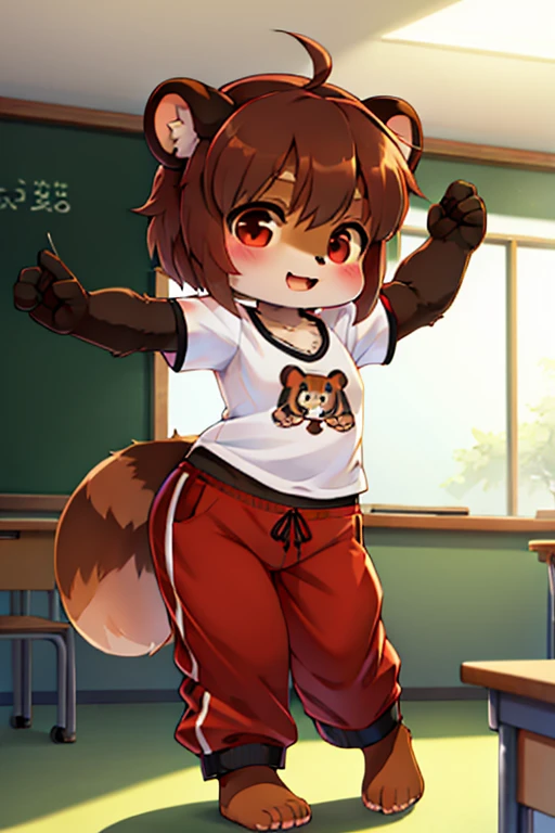 girl, tanuki, furry, bodyfur, tail, , short sleeves, jersey pants, long pants, glove, barefoot, chibi, classroom, dancing