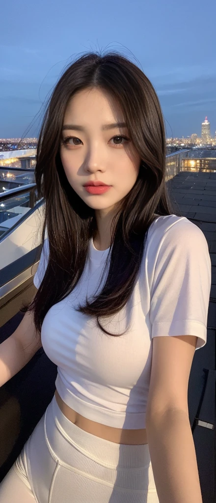 ((Midnight, Best quality, 8k, Masterpiece :1.3)), close up, selfie, Sharp focus :1.2, A pretty woman with perfect figure :1.4, Slender abs :1.1, ((Dark brown hair, Big breasts :1.2)), (White tight tshirt, black workout pants, Standing:1.2), ((Night city view, Rooftop:1.3)), Highly detailed face and skin texture, Detailed eyes, Double eyelid