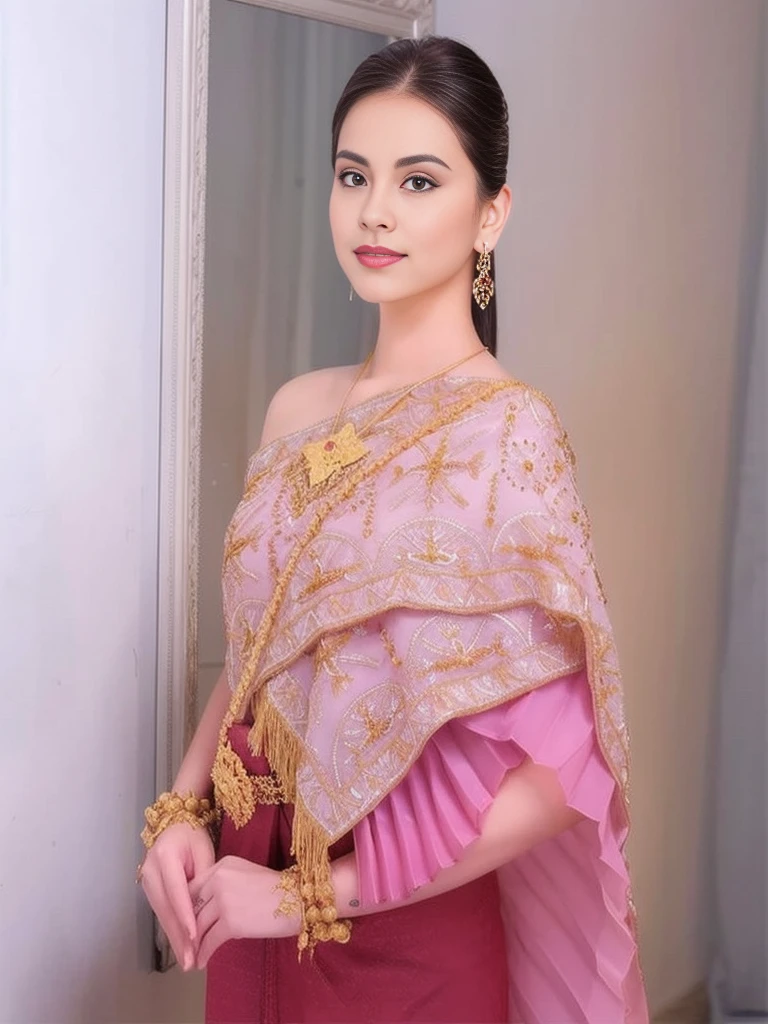 Close-up of woman in pink dress with gold necklace, Sukhothai set, traditional beauty, According to Thawan Duchanee's style, Covered with purple and gold silk., Decorated with purple and gold silk., Southeast Asia that has existed for a long time, Niwan Chandra, traditional, traditional dress, traditional clothes, traditional art, Shawl