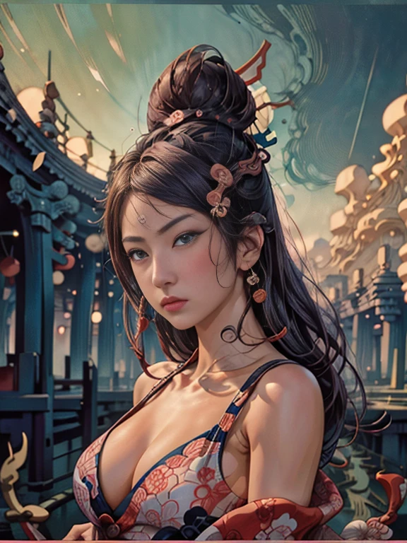 (UKIYOE:1.9)、woodblock print、woodblock print、otherscape、SF、Space Opera、Beautiful woman、Purple clouds gather、Detailed face、Beautiful Eyes、Elegant garments、Intricate floral pattern、Delicate skin、Natural light、A calming color palette、Soft Focuasterpiece、skimpy leather costume、spaceship、mynatalee woman