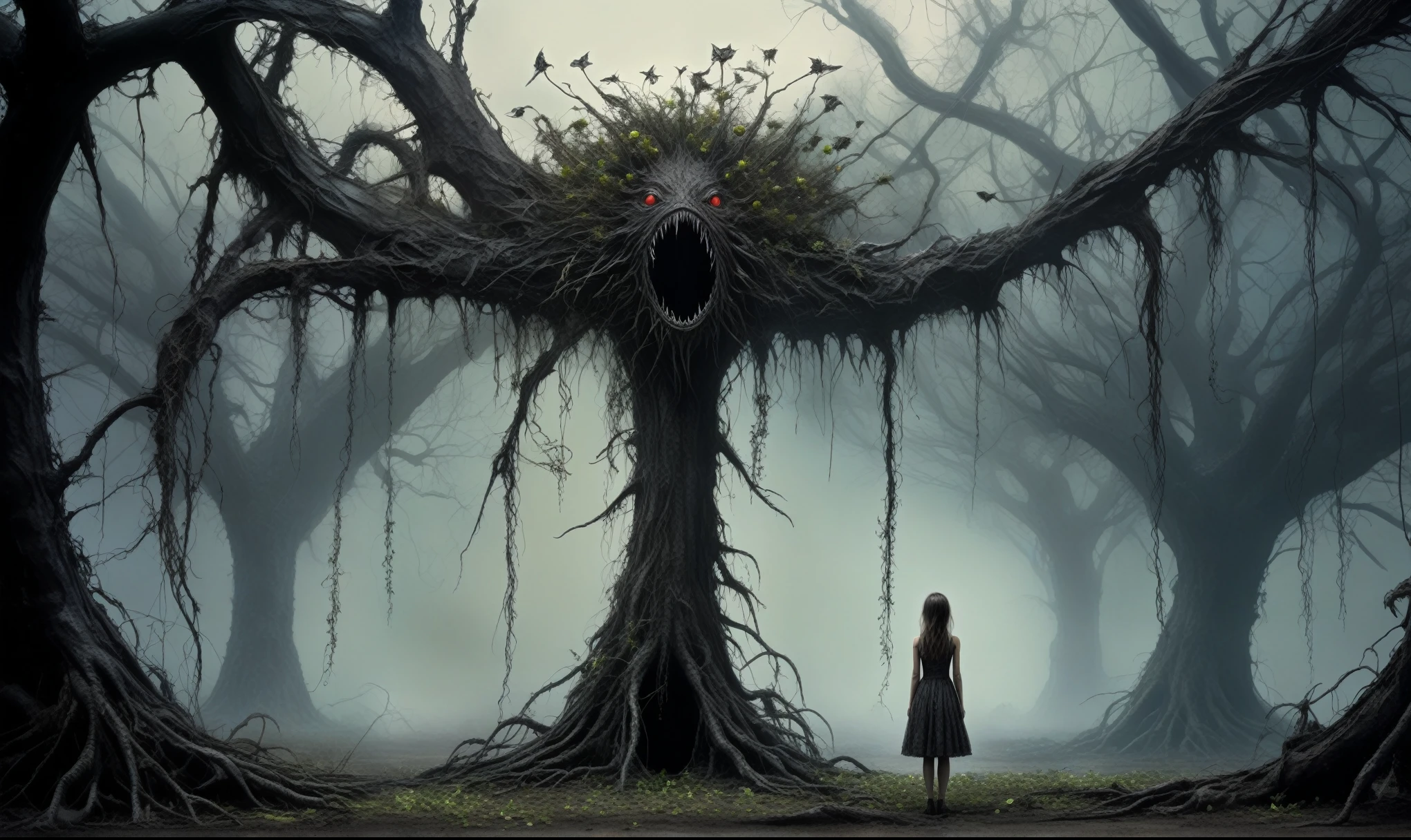 an orchard with live sinister bloodthirsty lifes, ancient trees at the stage of radioactive half-life,trap against fairies between trees,Quentin Blake Style Photography - Surreal、​masterpiece、ighly detailed,full body length,once pretty,full body,bailong plant girl made of dead plants,a girl made of charcoal plants,charcoal The Alien Entity,ominous landscape, niobium graphite atmosphere,dangerous atmosphere,intricate details,realistic graphite skin,extremely intricate details,Epic Realistic,At night, light shone on her,anatomically correct,eyes extremely detailed, high detailed eyes,UHD,Retina,HDR,Technicolor,natural skin textures, hyper realism, hyper detailed,High contrast,Realism,Ultra Detailed,irina yermolova,close full body shot, masterpiece,faded,8k resolution,RAW, Nikon Z9,pixie,nicola samori,ominous dragon wing,spider