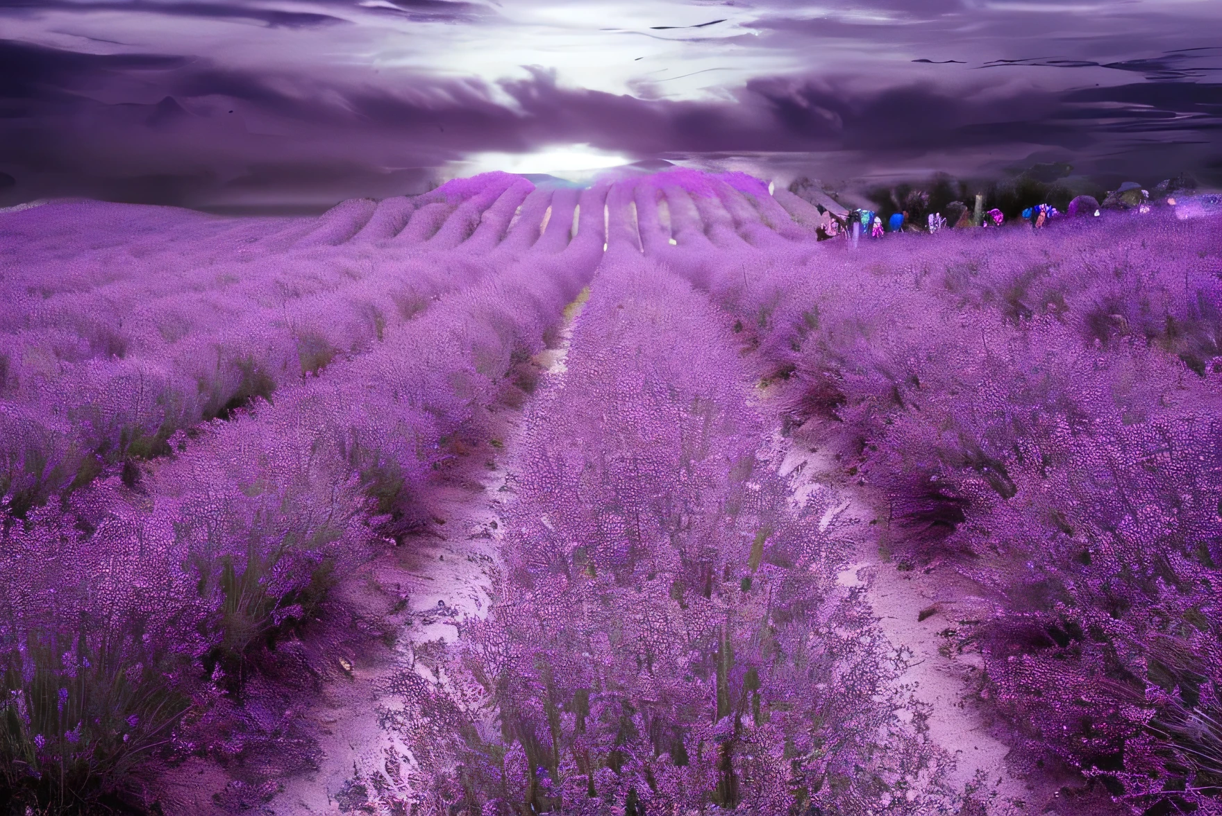 True Lavender coloeld with people walking in it under a cloudy sky, Lavender fields in full bloom, violet sky, Lavender, Inspired by Phil Koch, in a Lavender field in france, Purple sky, soft Purple Light, Flower fields at night, Beautiful purple sky, glowing purple, Purple Light, Surreal colors, Soft lilac sky, Magical colors and atmosphere