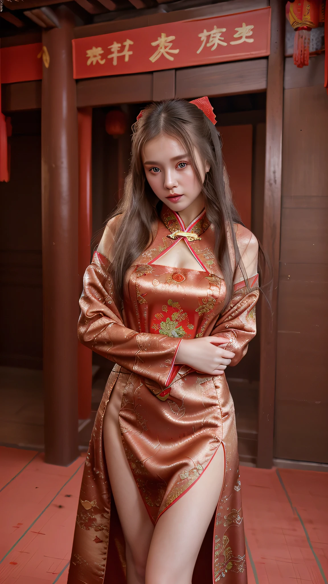 a beautiful Russian girl、8k high level photo quality、beauty covered by clothes、Long Chinese dress covered modestly、slit. background inside traditional Chinese house.