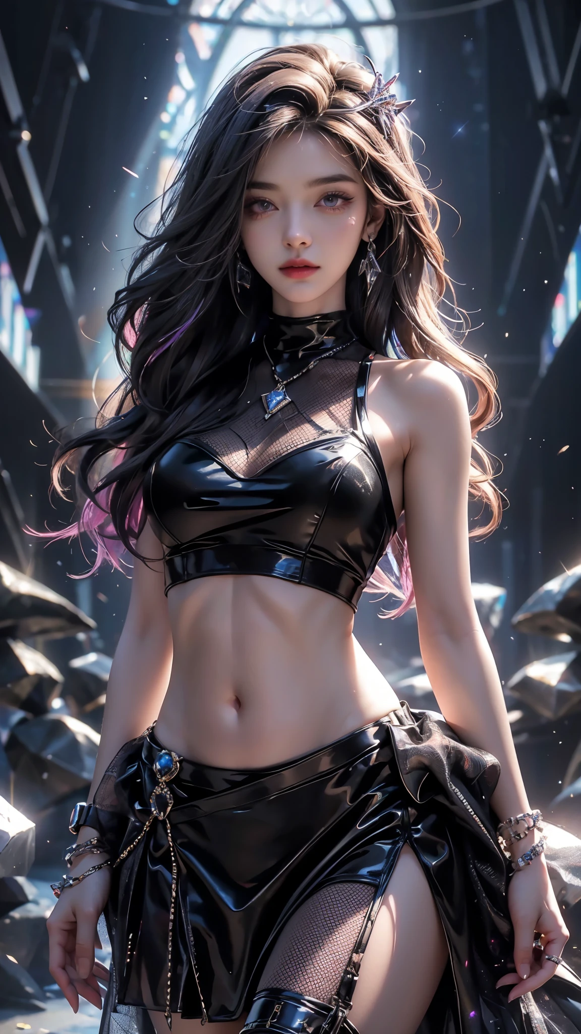 masterpiece, perfect face, best quality, intricate details, A end of time fantasy theme, an enchanting painting of a cybernized girl with cyberpunk prosthetics in single underpants, long hair, Spaceship inside, futuristic style, Sci-fi, hyper detailed, laser in center, laser from the sky, energy clots, photorealism, hyper realism, acceleration, light flash, speed, painting, a lot of jewels, Photorealistic Art ,8 , High Resolution, Real, Ultra-Detailler , ornate tattoo, ((cropped top, short shorts)), aesthetic, (high contrast:1.3) highly detailed, smooth soft skin, detailed straight hair, symmetrical, hyperrealistic, UHD, HDR, 16K, professional photography,