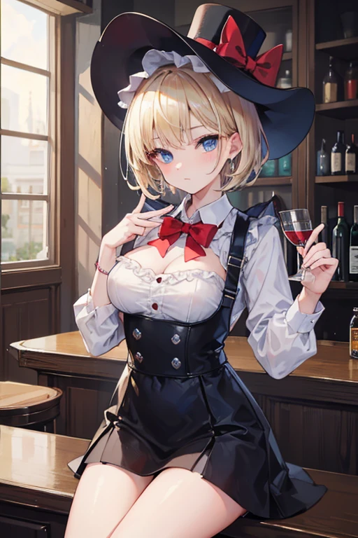 masterpiece, highest quality, 16k、High resolution, Cowboy Shot、Detailed face、Perfect Fingers、20-year-old woman、A beautiful man dressed as a man 、blue eyes、blonde、short hair、Black tuxedo、Red bow tie、Black Top Hat、bar counter、Sit at the counter