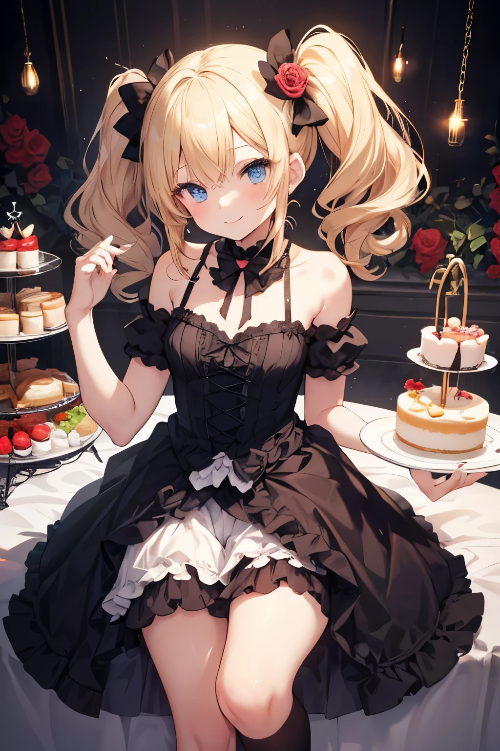 Blonde、blue eyes、girl、Small breasts、Twin tails、girl、Small breasts、ta、Bright smile、Looks about 15 yan Musume、Short、目のhighlight、Sexy thighs、Have a cake、Rose Gothic Lolita Dress Cos、Your eyes are so beautiful、highlight