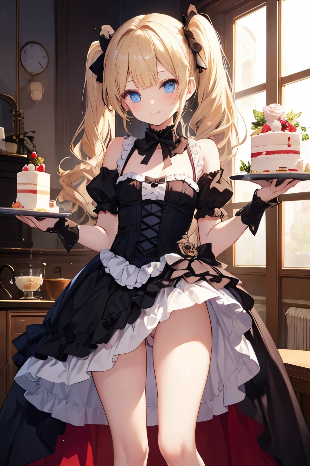 Blonde、blue eyes、girl、Small breasts、Twin tails、girl、Small breasts、ta、Bright smile、Looks about 15 yan Musume、Short、目のhighlight、Sexy thighs、Have a cake、Rose Gothic Lolita Dress Cos、Your eyes are so beautiful、highlight