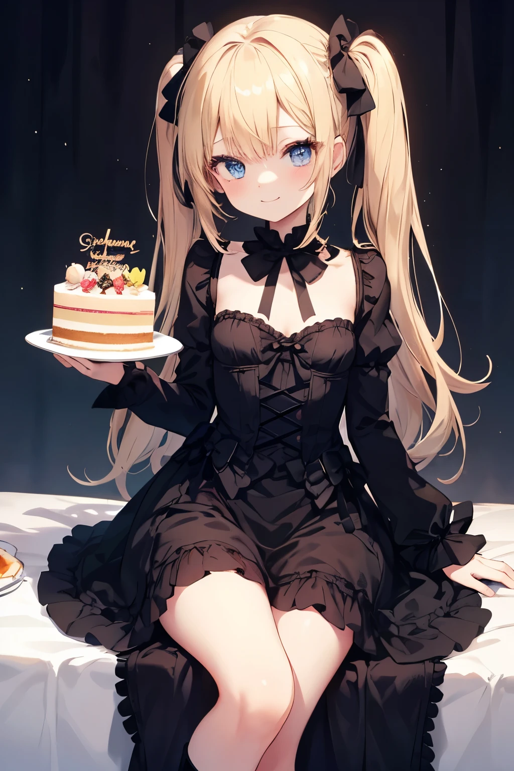 Blonde、blue eyes、girl、Small breasts、Twin tails、girl、Small breasts、Lolita、Bright smile、Looks about 、Petan Musume、Short、目のhighlight、Sexy thighs、Have a cake、Rose Gothic Lolita Dress Costume、Your eyes are so beautiful、highlight