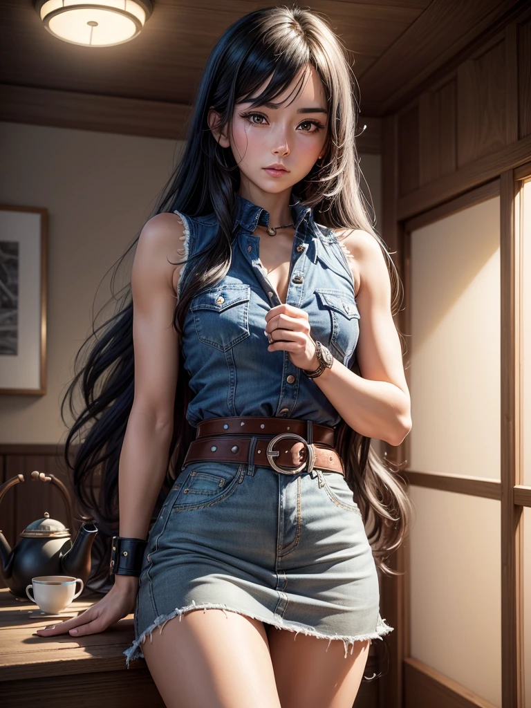((One Woman, 27 years old)),(( alone:1.5)),Black medium long hair,(clock:1.2),White small sleeveless collared shirt,(Denim mini skirt:1.2,Tea belt:1.2),Attractive face:1.6, Perfect light, 8k, masterpiece:1.2, Very detailed, Realistic:1.37, Full HD, Background of Japanese-style room at night,Cowboy photographed from the front,Are standing